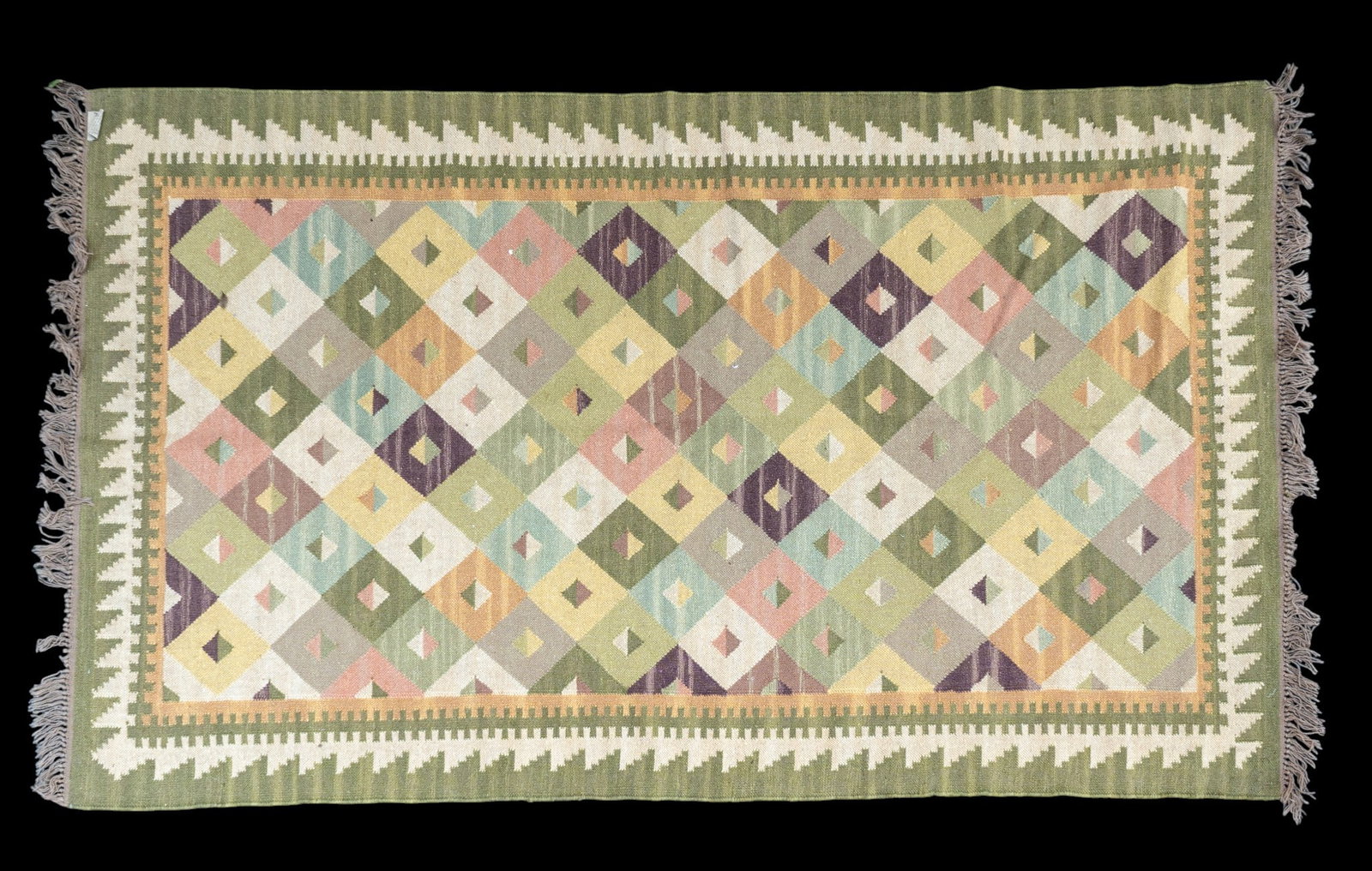 Hand-Woven Flat Weave Wool Rug w/ Tribal Design: Hand Woven flat weave wool rug with tribal design/pattern. Measures approx. 4'11" x 8'1".