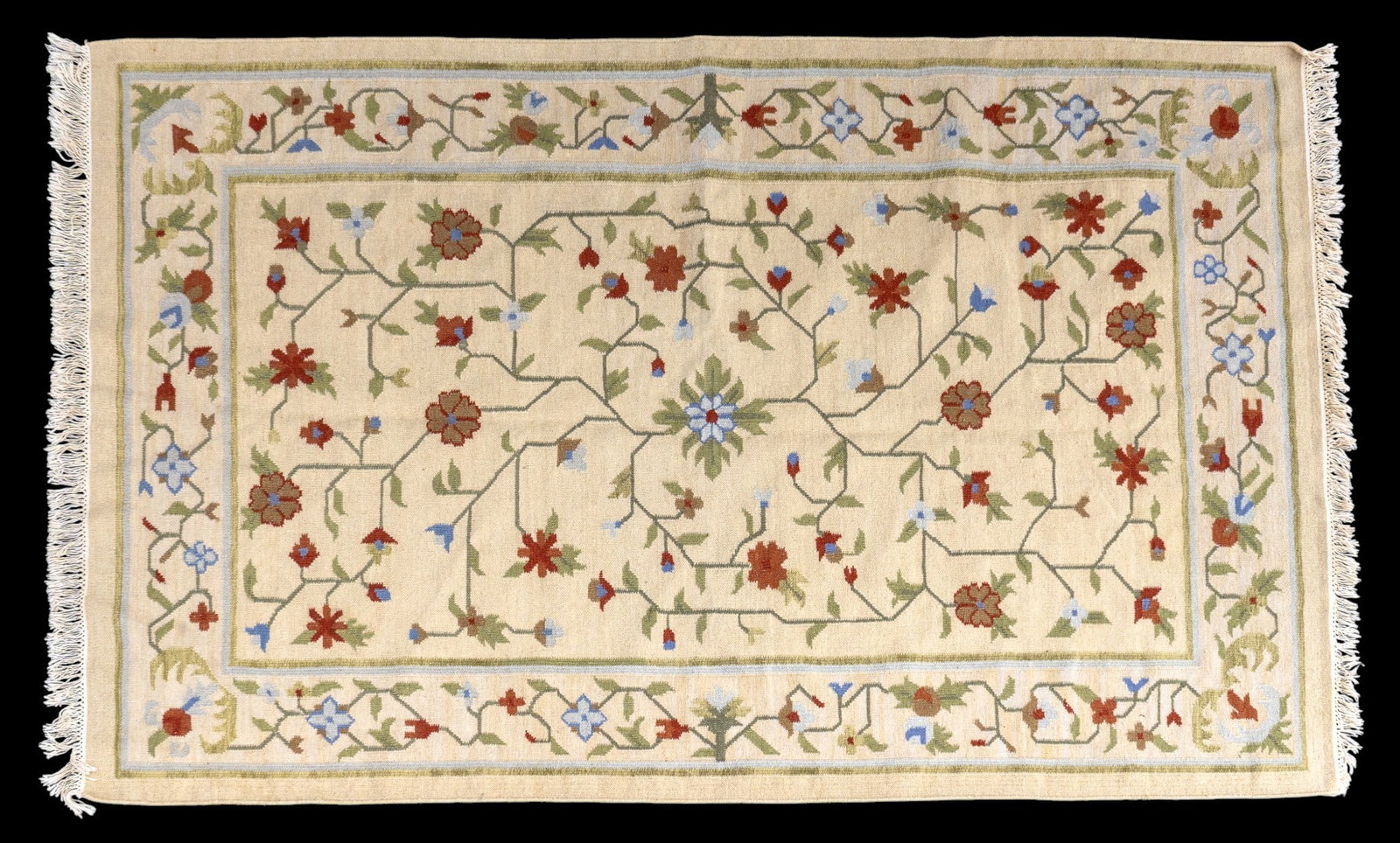 Beige Wool Rug with Floral Design: Wool area rug with repeating multicolor floral design against a cream ground. Measures approx. 5'3" x 7'11".