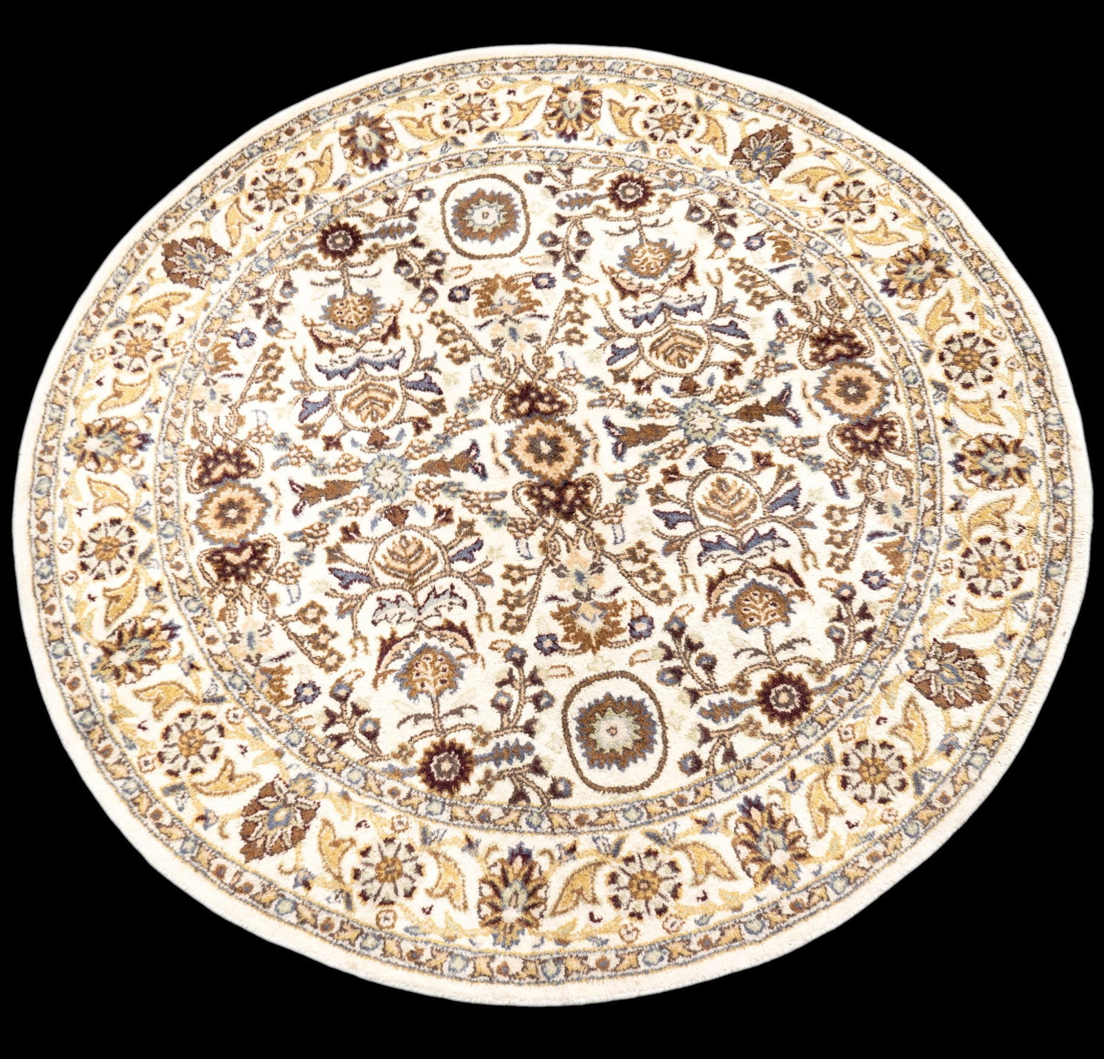 Hand Woven Wool Round Rug ~5.75' Dia: Circular hand-woven floral medallion area rug. Measures approx. 5'8" diameter.