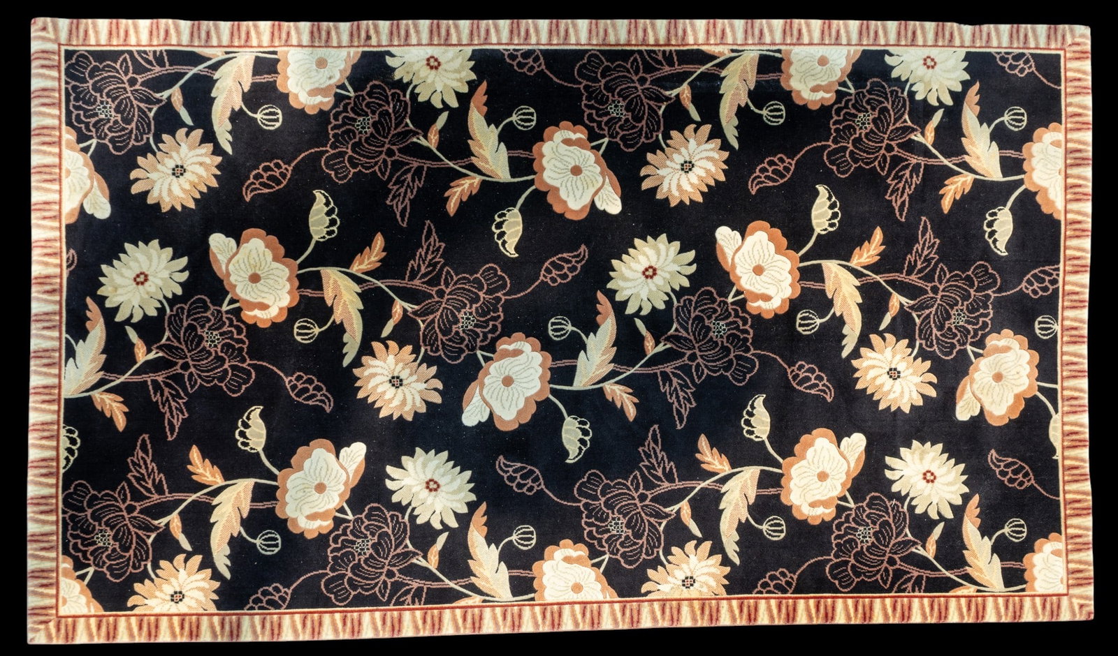 Wool Floral Area Rug w/ Black Ground: Wool area rug with a pink and cream floral pattern against a black ground with light-colored border. Measures approx. 4'11" x 7'11".