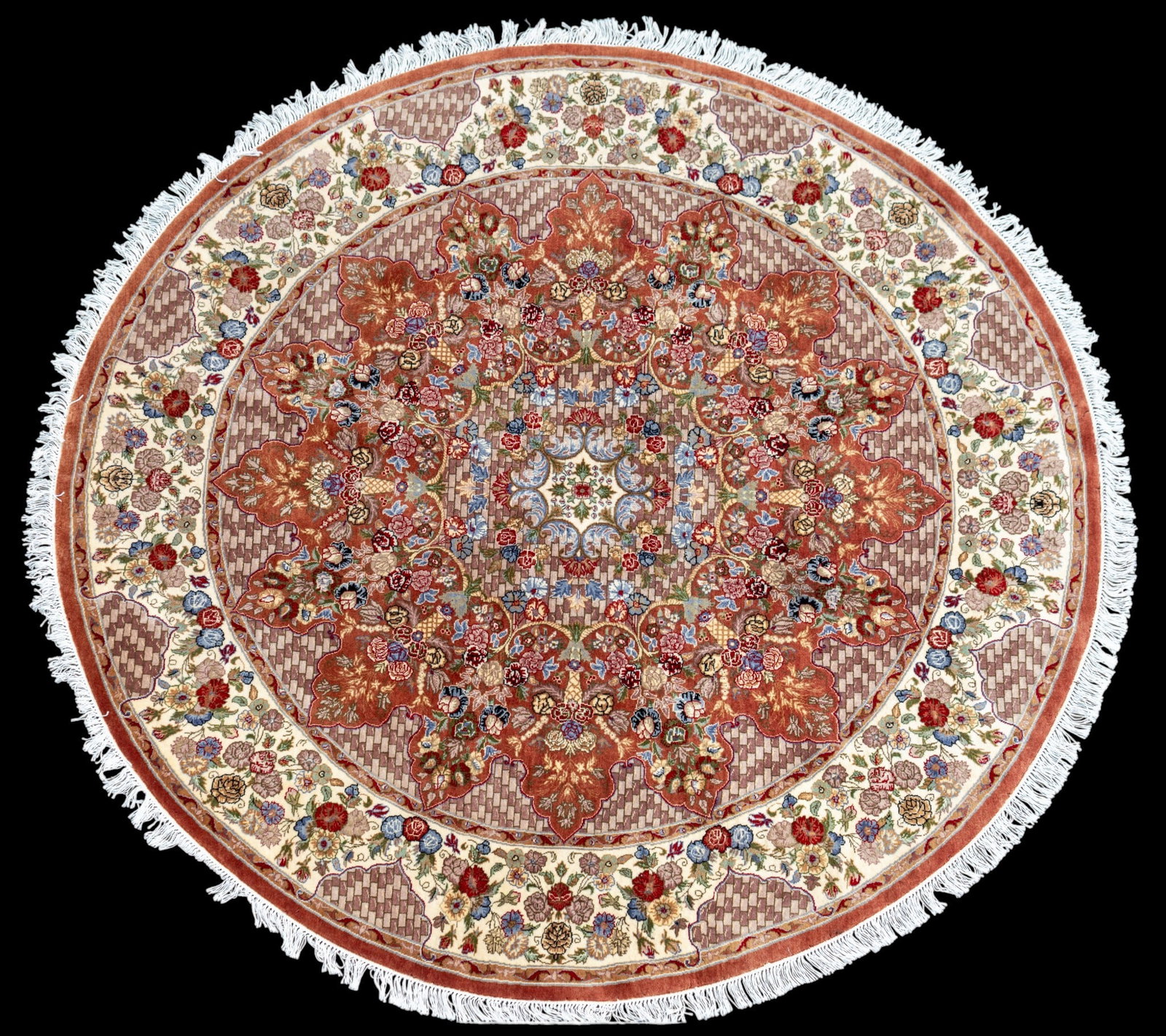 Persian Tabriz Round Rug ~ 6' Dia: Circular form Persian Tabriz area rug with central medallion surrounded by dense floral motifs. Beige floral border. Measures approx. 6'1" Diameter.