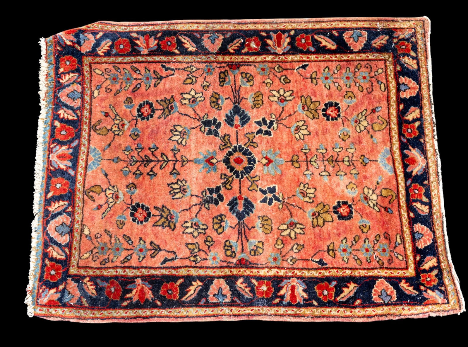 Antique Persian Sarouk Mat: Antique Persian Sarouk mat with pink and blue floral design. Measures approx. 2'1" x 2'8".