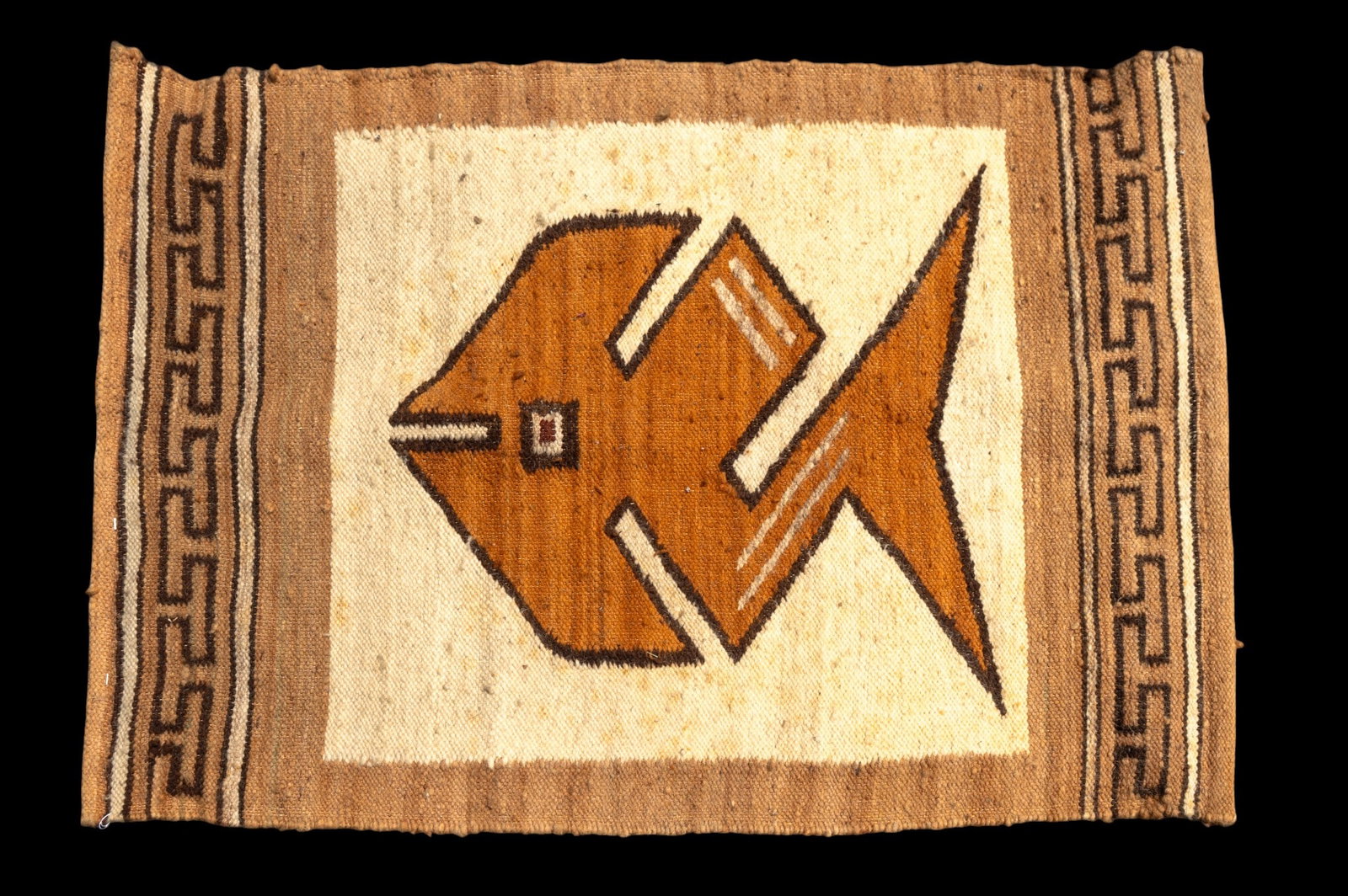 Hand-Woven Wool Tribal Rug: Hand-woven wool tribal rug with central fish motif. Measures approx. 2'2" x 3'2".