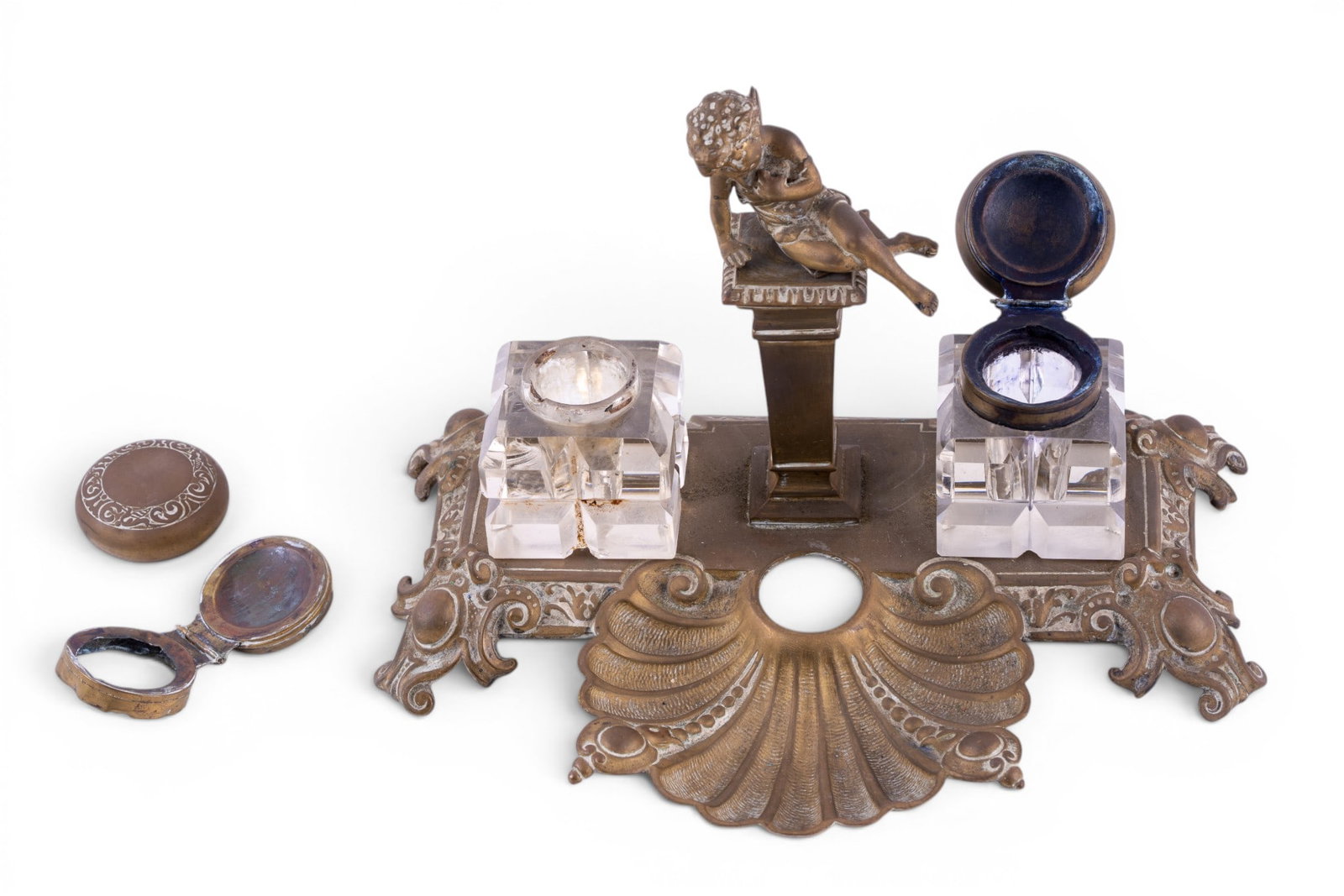 Victorian Bronze Shell Form Double Inkwell - 5