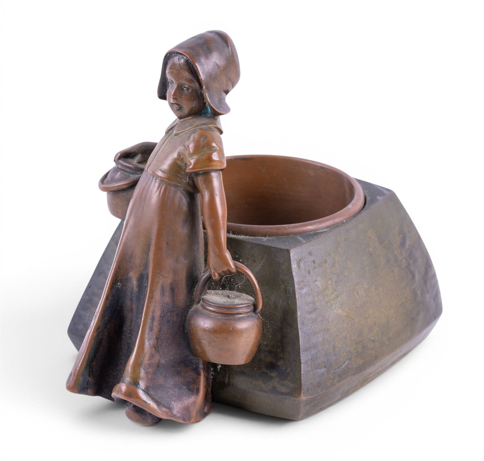 Austrian Bronze Figural Vessel: Austrian Bronze Figural Vessel / pen cup or other holder, with figure of a little bonnet-wearing girl holding pails. Measures approx 3.5 inches high 4.5 x 3.5 inches