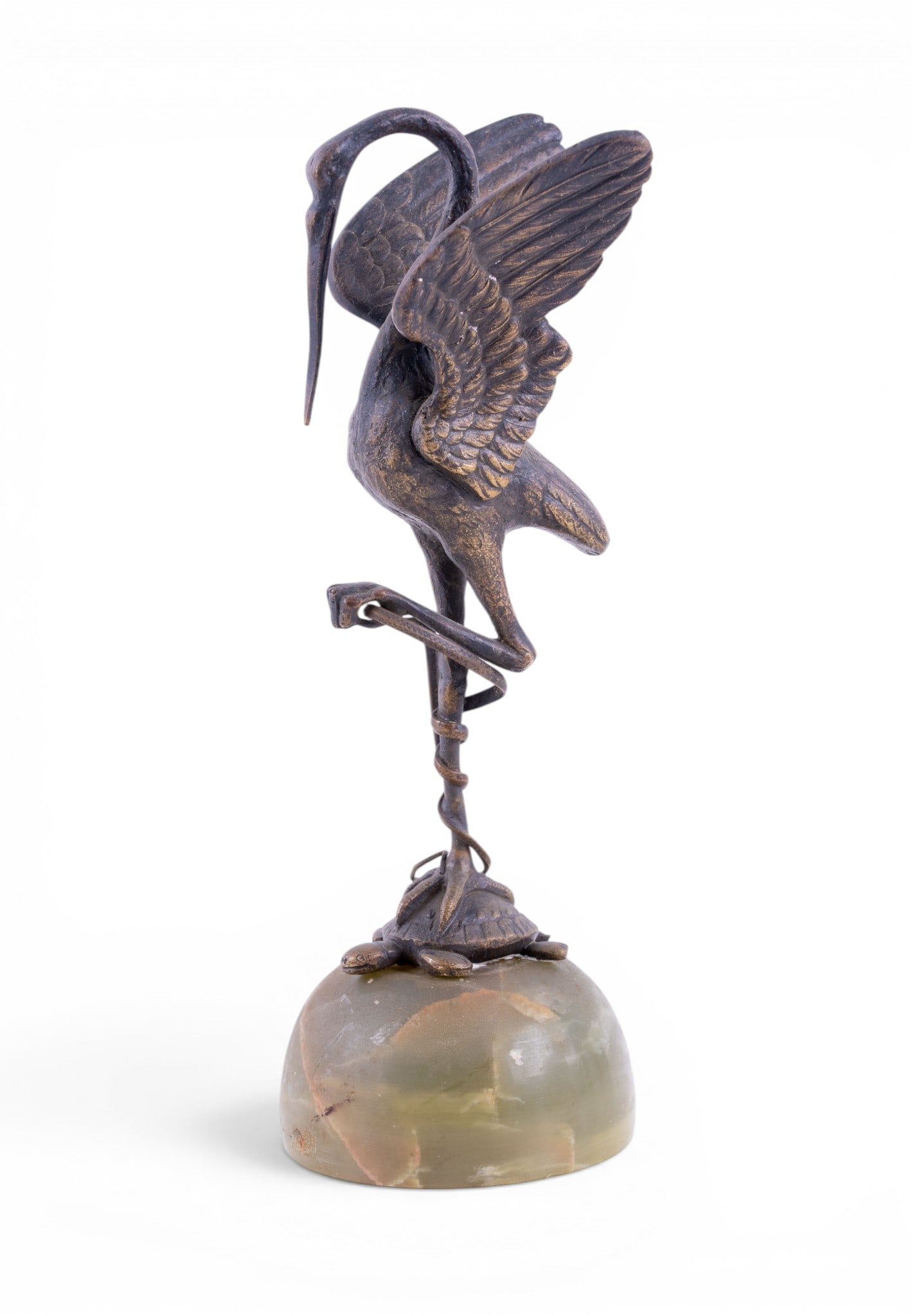 Antique Bronze Stork and Turtle Sculpture: Figural Bronze Stork standing on a turtle and standing 7.5 inches high.