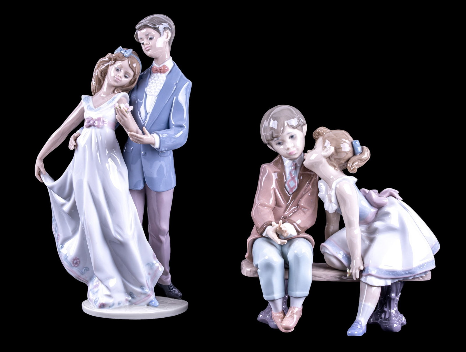 Vintage Lladro Couples Figurines: Vintage Lladro porcelain figurines with original boxes including No. 07635 Ten and Growing, including wooden base, and No. 07642 Now and Forever. Tall3est measures approx. 10.75" H.