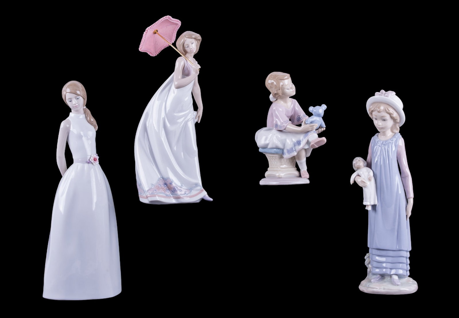 Lladro Young Women and Girl Figurines: A collection of vintage Lladro porcelain figurines with original boxes depicting young women and girls including No. 01008785 Sweet Adolescence, No. 07636 Afternoon Promenade, No. 07620 Best Friend, a