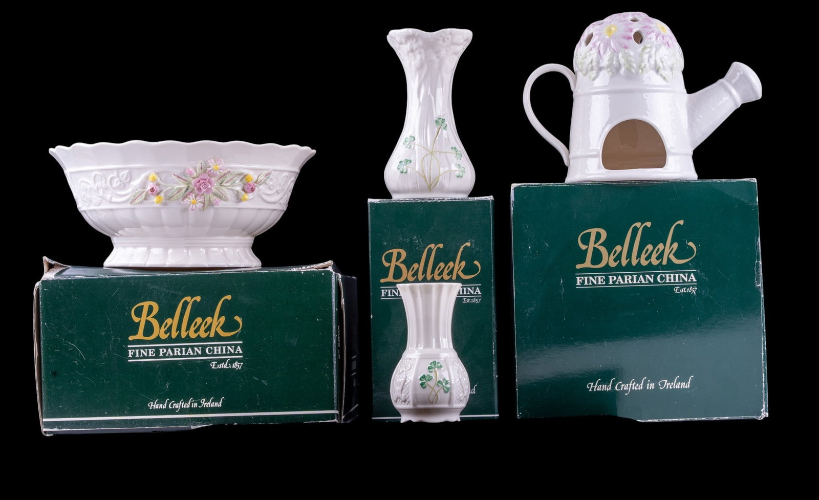4 Belleek Porcelain Vases, Votive & Bowl (1 of 20)