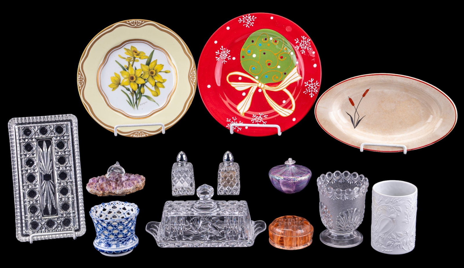 R. Copenhagen, Rosenthal, Colored Glass and More: A collection of ceramic and glassware including a white bisque embossed floral cup by Rosenthal, a blue and white decorated pierced miniature vase by Royal Copenhagen, a pink / orange depression glass