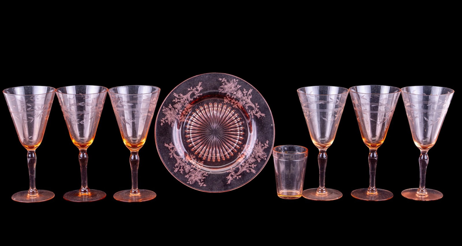 Mid Century Etched Pink Goblets and Plate (1 of 7)