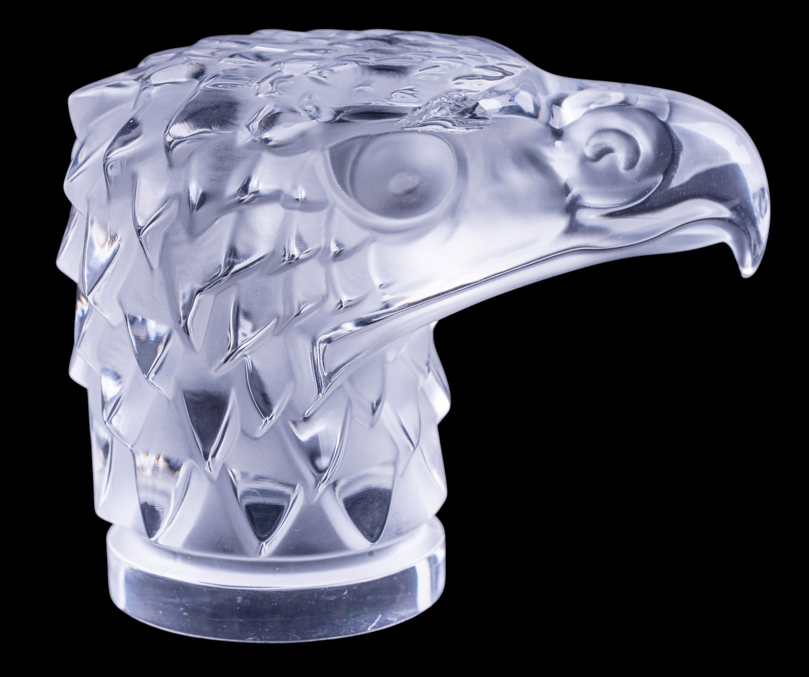 Lalique Crystal Eagle Head Paperweight: Signed Lalique France frosted crystal eagle head sculpture, model Tete d'Aigle after the 1928 Rene Lalique automobile mascot design. Acid-etched signature to underside.