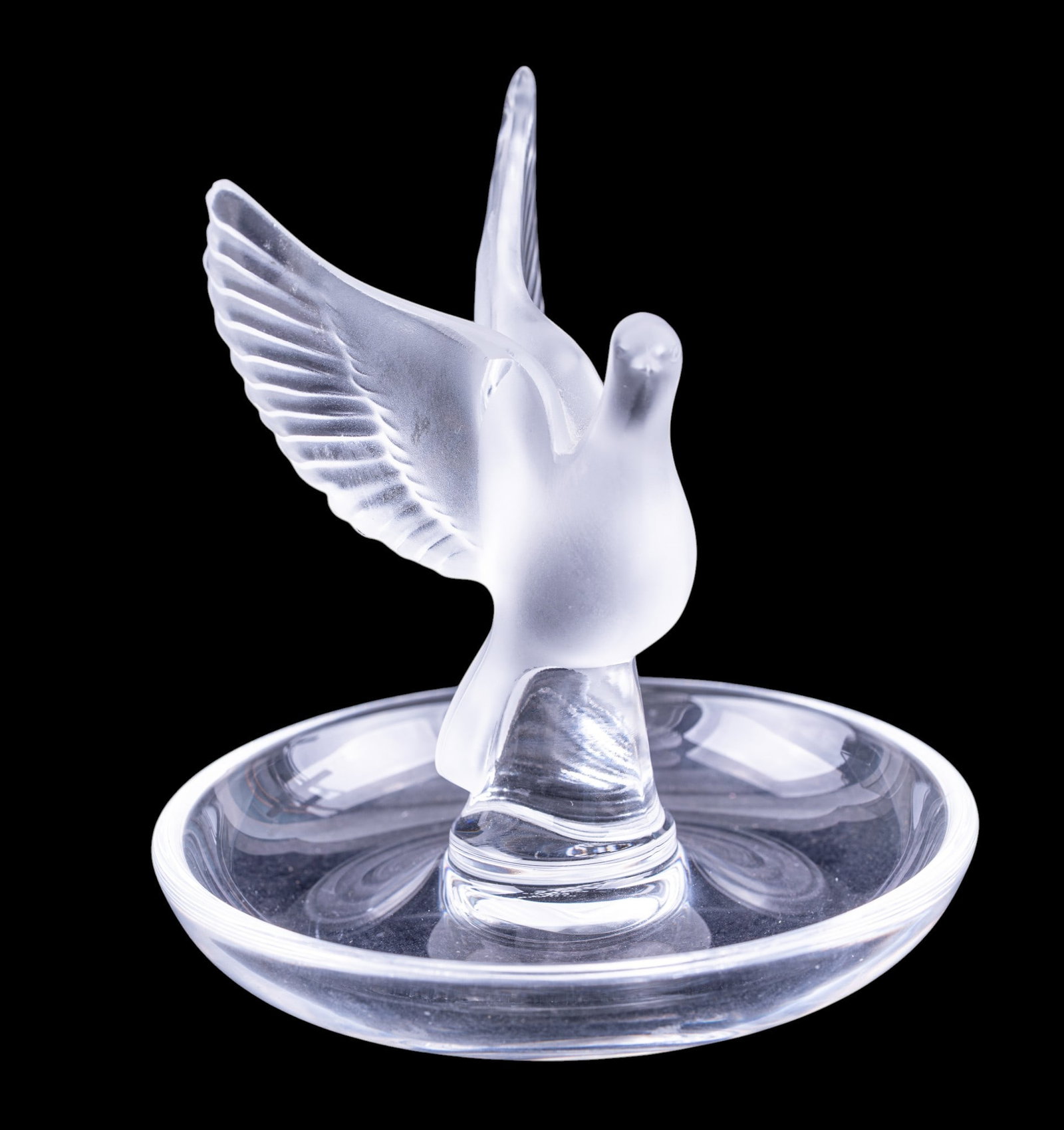 Lalique France Thaile Crystal Dove Ring Dish: Vintage Lalique France "Thaile" crystal trinket or ring dish featuring a frosted dove with outstretched wings standing atop a clear circular dish. Acid-etched Lalique France signature to underside. Me
