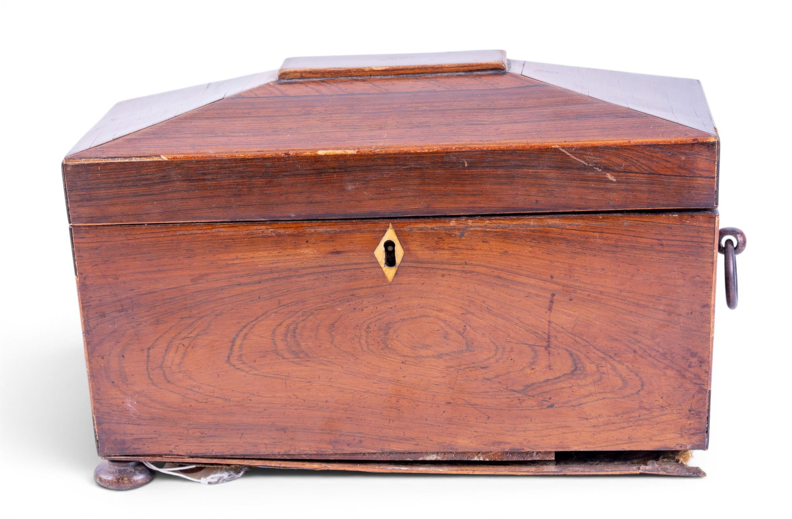 Late 19th Century English Rosewood Tea Caddy: Late 19th century English rosewood tea caddy featuring a fitted interior with two lidded tea compartments flanking central well. Retains lined lid interior, brass escutcheon, and ring handle to side. 