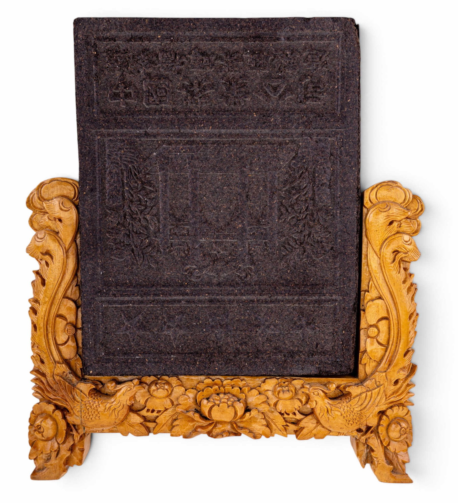 Antique Chinese Tea Block w/ Carved Frame: Antique compressed tea block meant to be broken into smaller pieces and used to brew beverages. Pagoda scene along with Chinese writing present on front, five stars. Measures approx. 9.5" x 7.25". Sta