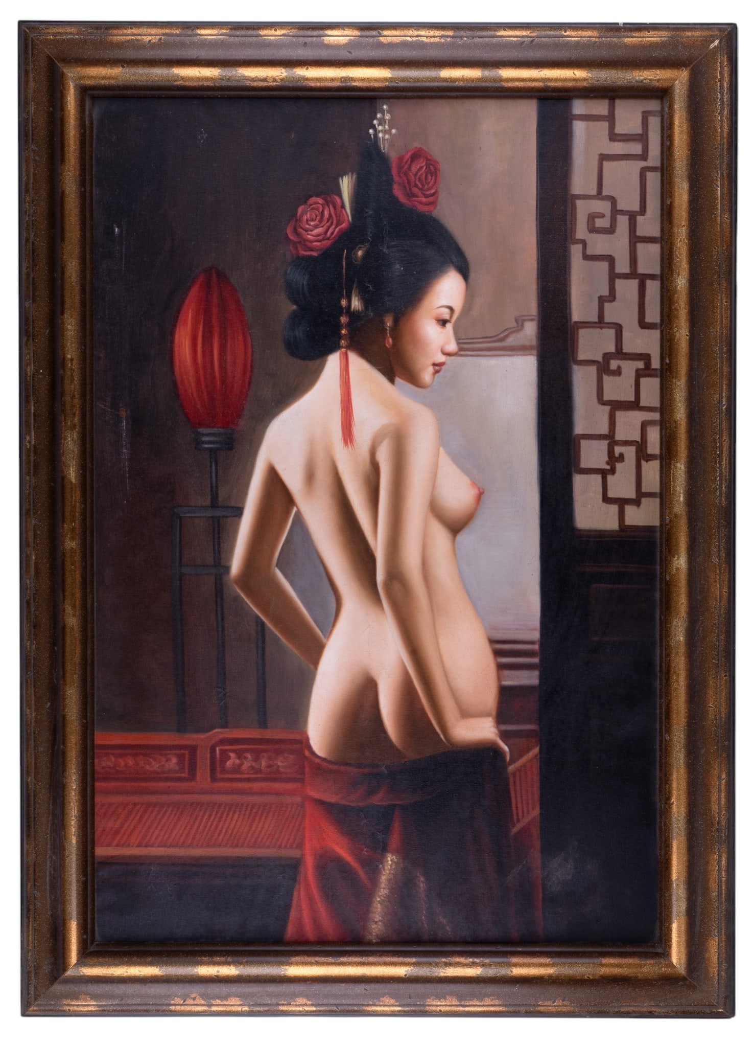 Large Oil on Canvas Asian Nude: Large framed oil on canvas depicting a partially draped nude woman wearing an elaborate traditional-style hairstyle adorned with red flowers. Unsigned. Presumed to be 20th century. Measures approx. 29