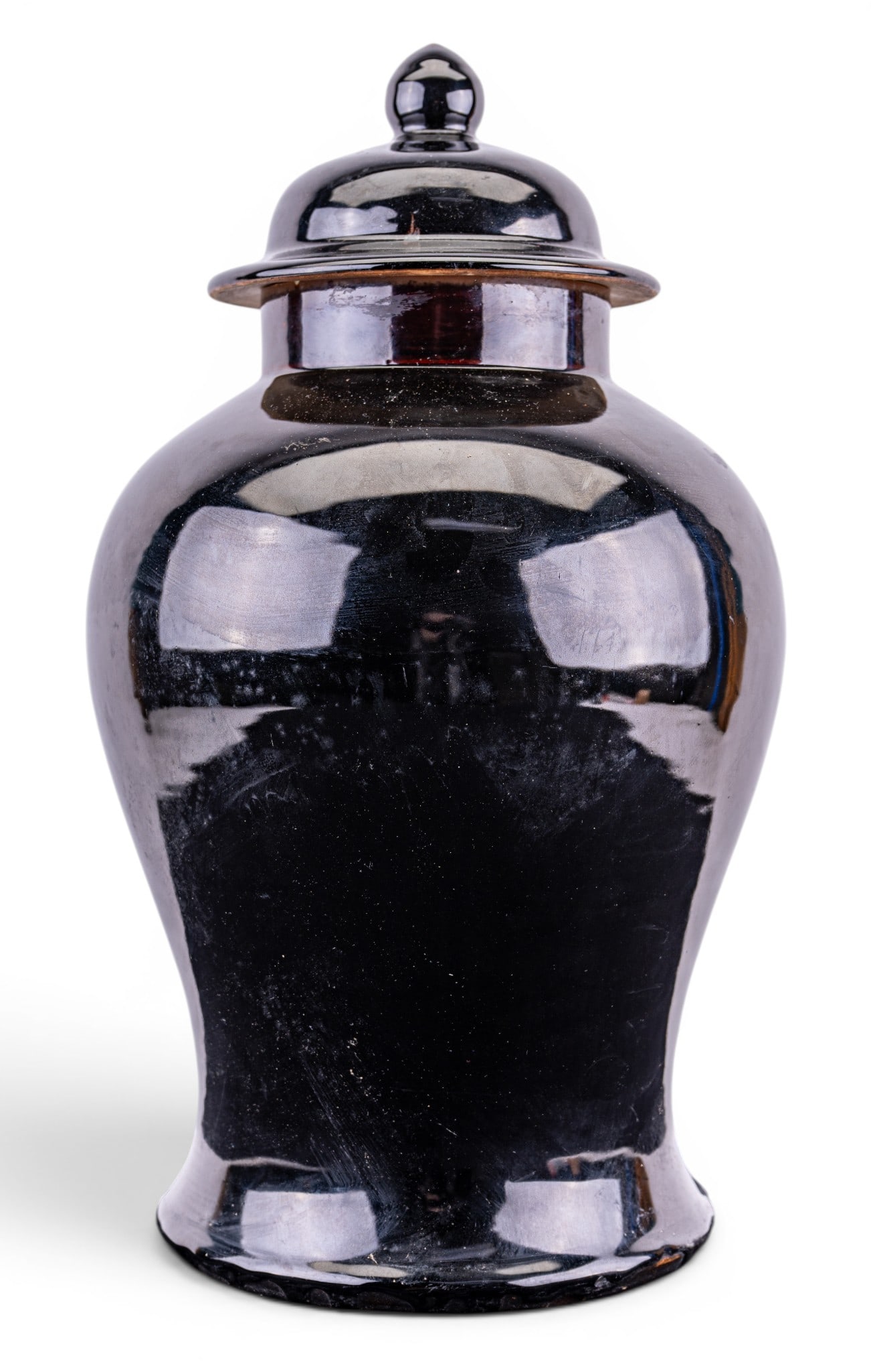 Chinese Black Glazed Temple Jar: A Chinese black glaze lidded temple jar with hairline in the base and restoration to the rim. It measures approx. 18" H. A temple jar has a characteristic pear shape and a high domed and lipped lid wi