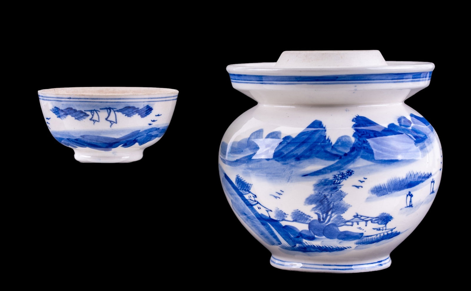Chinese Blue & White Covered Jar w/ Bowl Cover: Hand-painted blue and white porcelain jar decorated with mountainous landscape and waterside scenes. Includes matching inverted bowl-form cover resting on flared collar. Retains export label to unders
