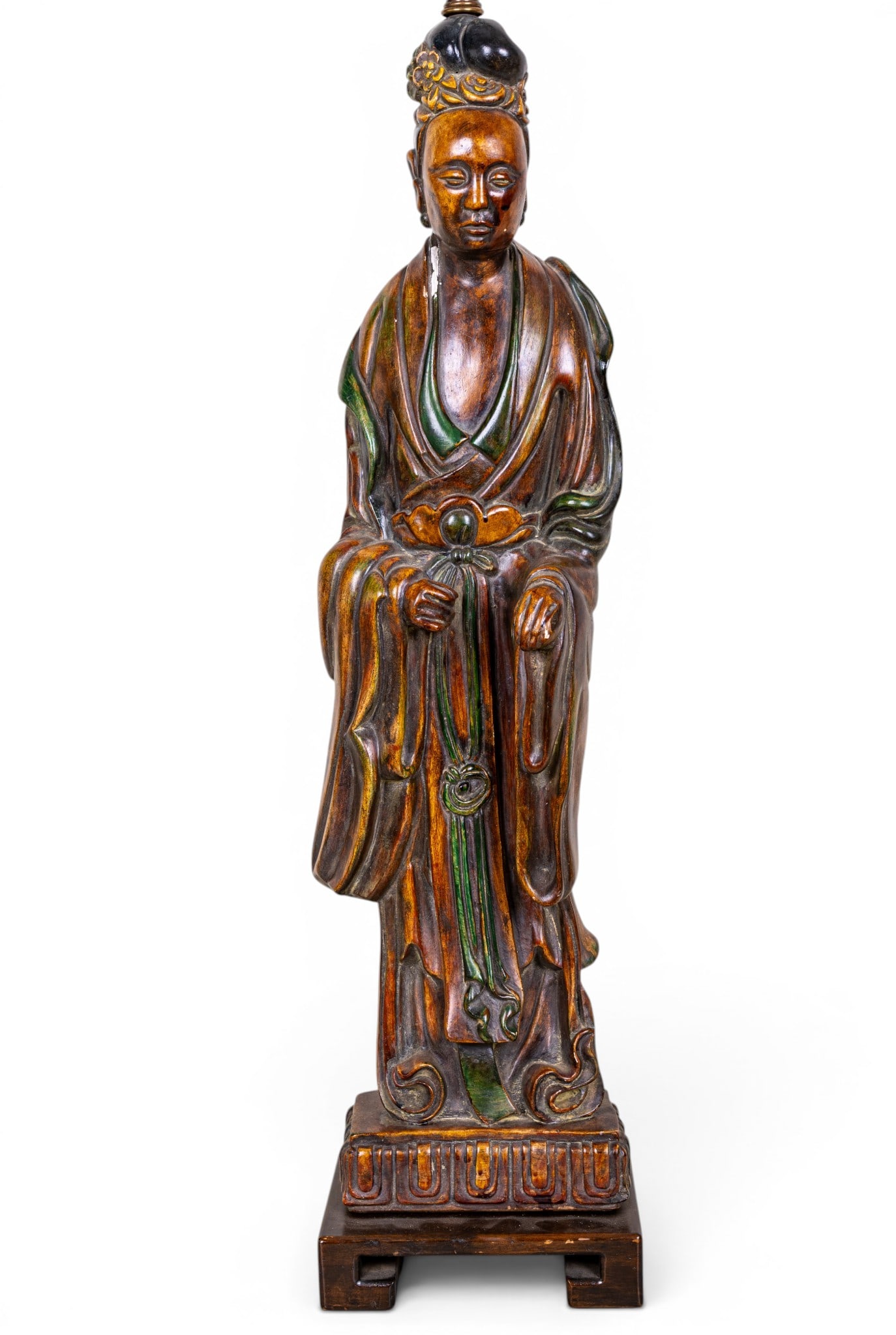 Figural Guanyin Table Lamp: A contemporary plaster composite figural table lamp depicting the Bodhisattva Guanyin with wooden base. Untested, measures approx. 34" H to the socket, 46" H to the finial. Note some loss around the c