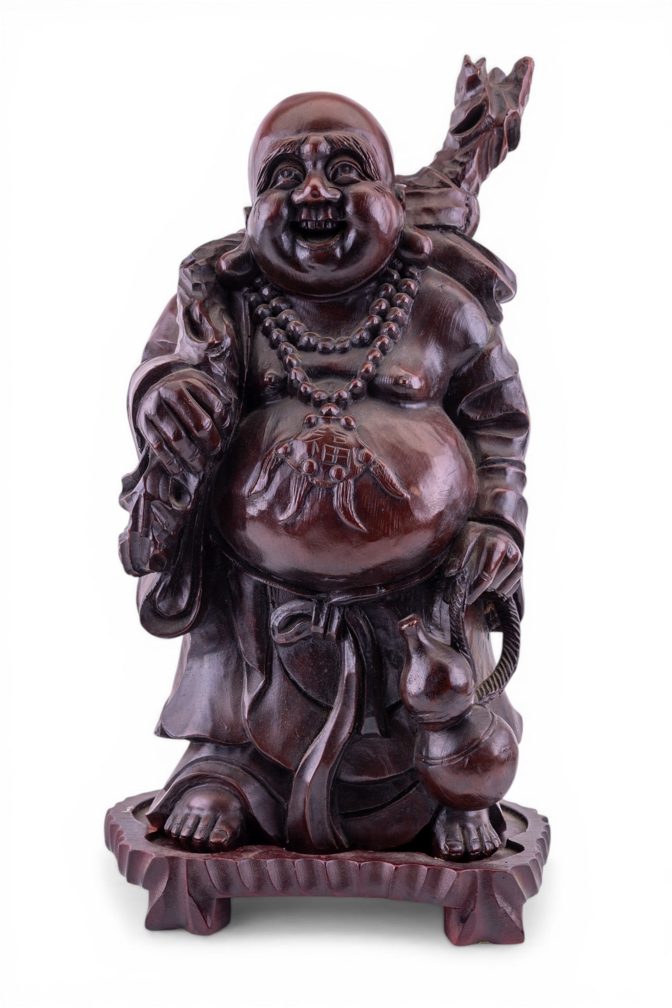 Decorative Laughing Buddha Statue: Large at approx 20" H, Laughing Buddha statue. Set on wooden stand. Likely made of composite due to its light weight. Excellent condition except for minor paint chip around necklace area. Chop marks i