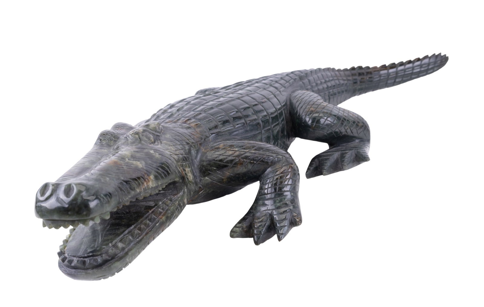 9 Pound Jade Alligator ~4' L: Large highly carved and highly detailed natural jade figure in the form of an alligator. Measures approx. 25.5" W x 4" L. Weighs approx 9 lbs. (price history $8000.)