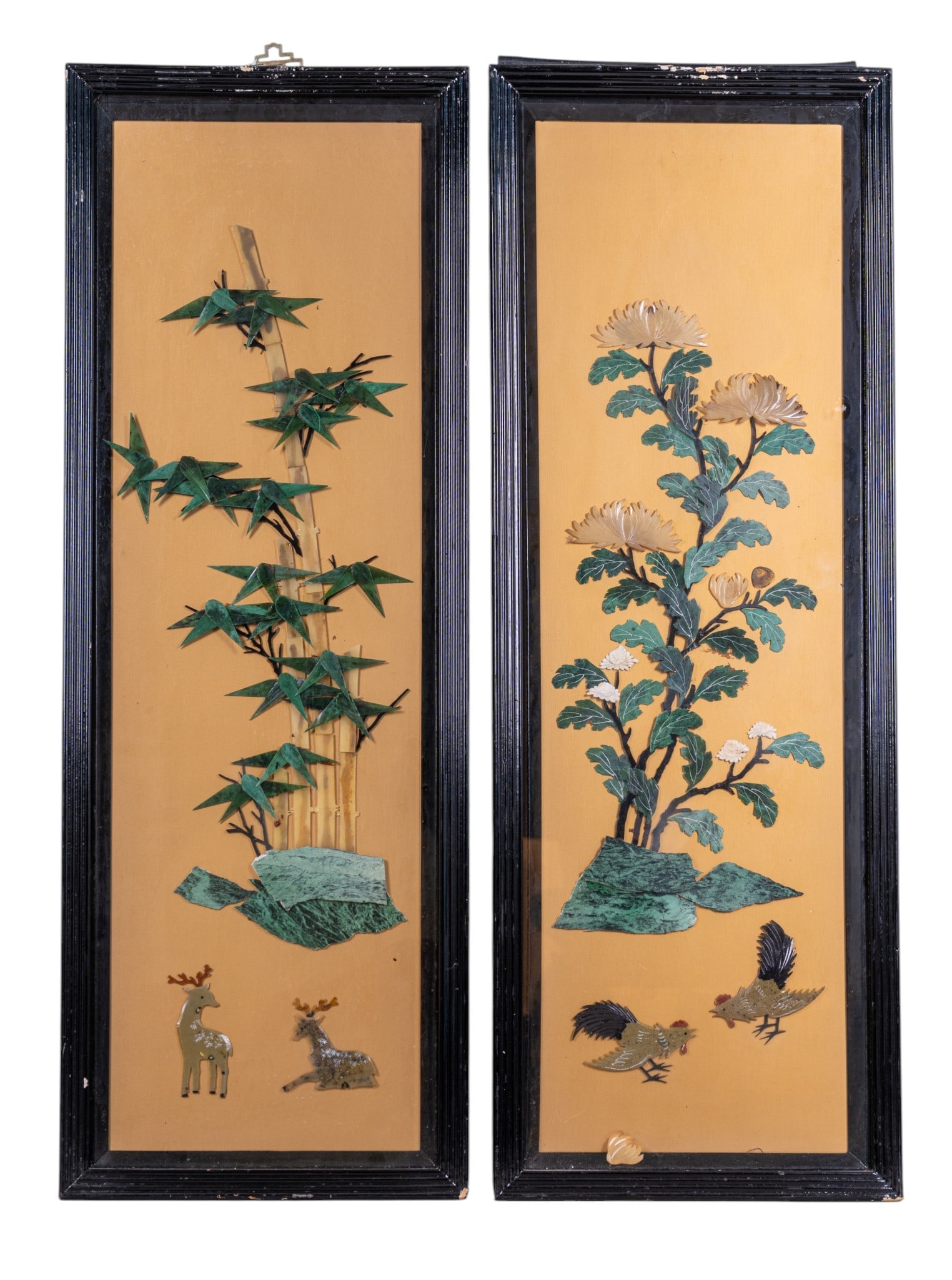 Pair of Chinese Wall Panels w/ Stone Inlay.: Matched pair of Chinese wall hanging panels each with hardstone inlay depicting floral and bird themes. Some fogging to interior. Each measures approx. 40" H x 14.5" W.