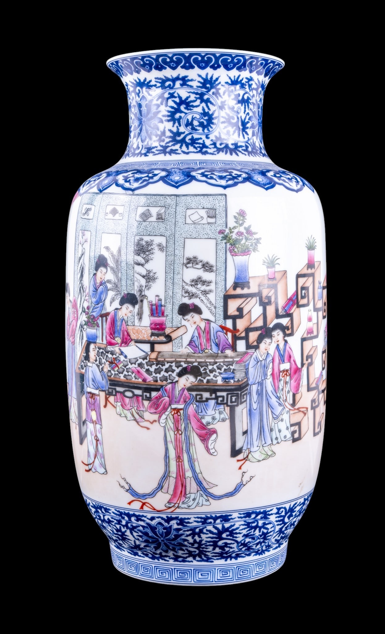 Chinese Republic Porcelain Floor Vase: A Chinese Republic period porcelain floor vase depicting groups of women dancing, reading, and playing music. Featuring a Qianlong style mark on the blue bottom, measures approx. 16.5" H. Bangchuping 