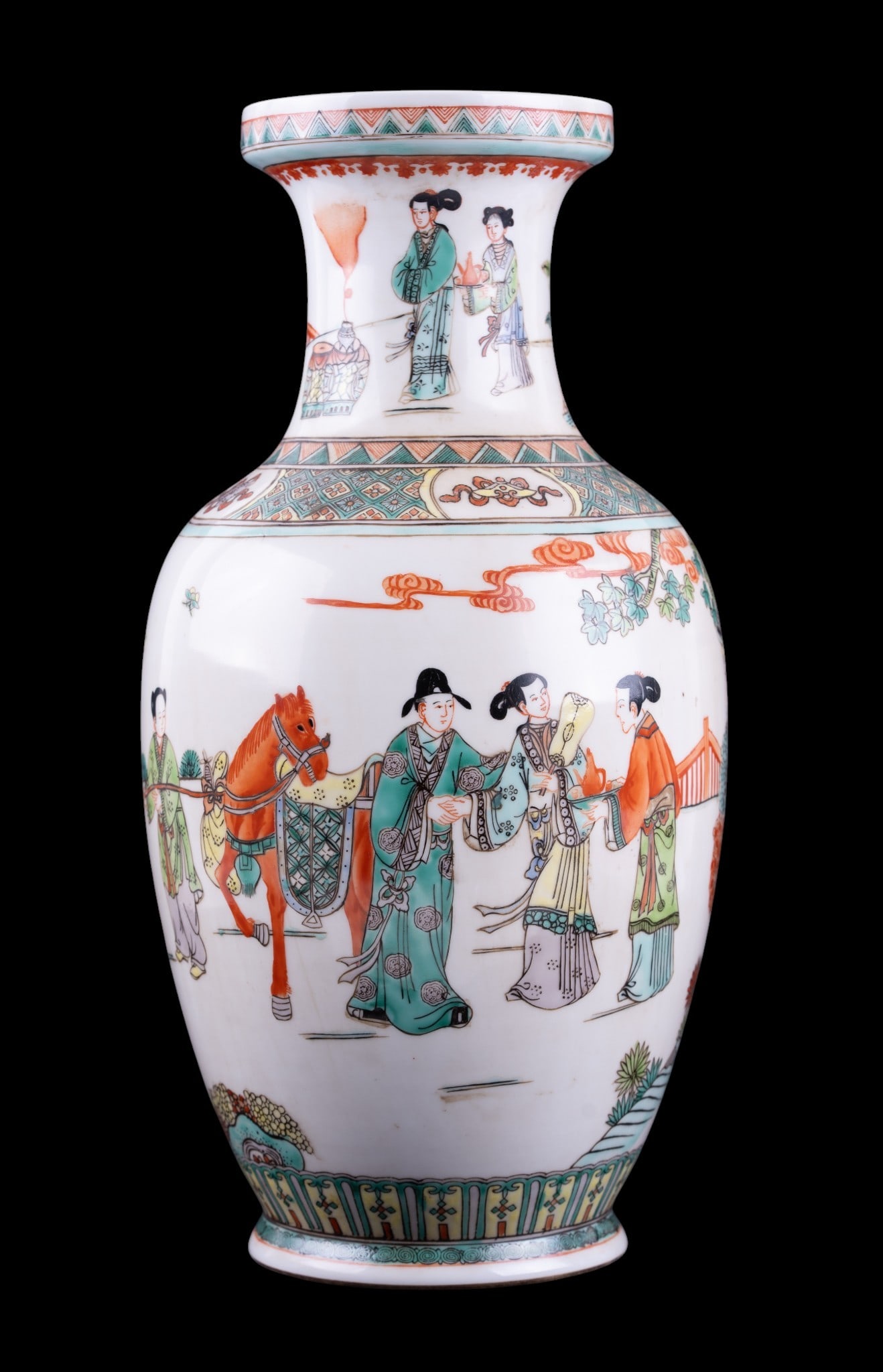 Chinese Famille Rose Porcelain Vase: A vintage reproduction Chinese Famille Rose porcelain vase featuring a stamped Kangxi four-character chop mark on the bottom, measures approx. 14.25" H.