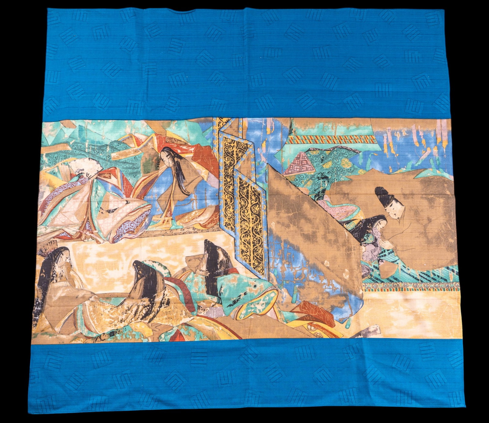 Vintage Japanese Silk Wall Hanging: A vintage Japanese silk wall hanging depicting a scene the 12th C story 'Genji Monogatari Emaki (Illustrated Scrolls of the Tale of Genji)', measures approx. 40" W x 41" H. Textile.