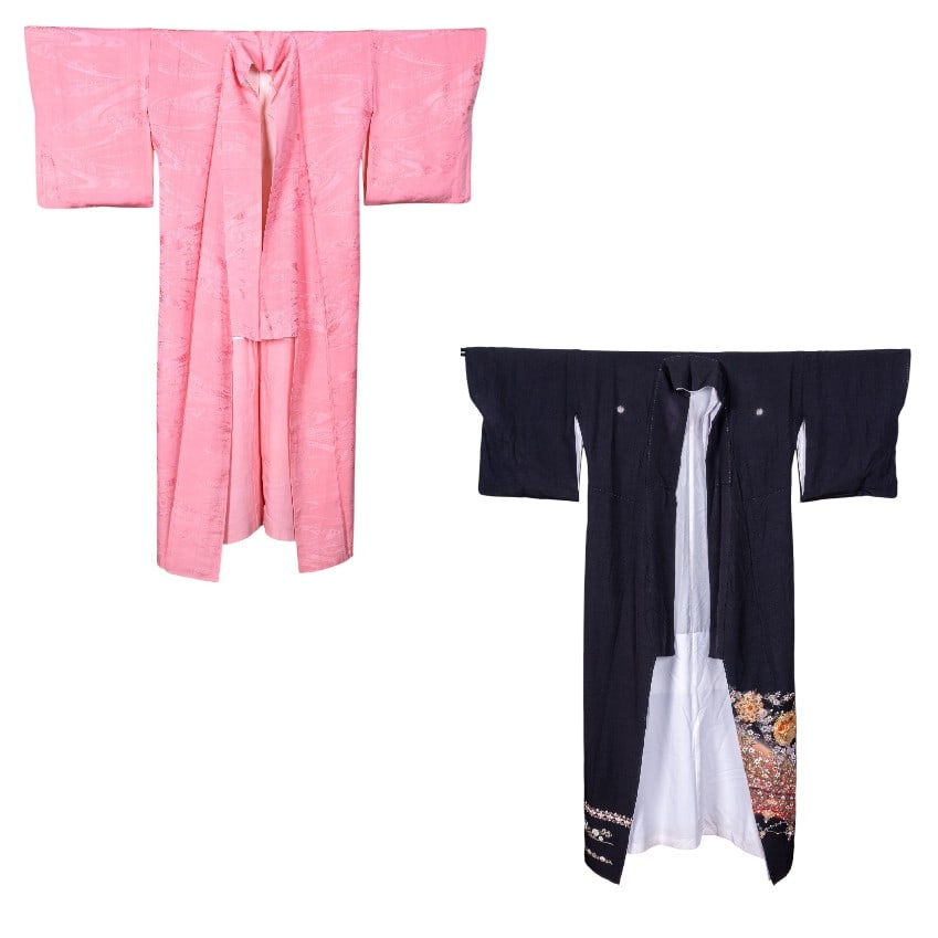 Japanese Tomesode & Iromuji Kimono: A collection of Japanese silk kimono including a Tomesode silk kimono featuring a phoenix and lotus embroidered motif, sleeves measure approx. 54" W end to end, length is approx. 60", and a pink embos