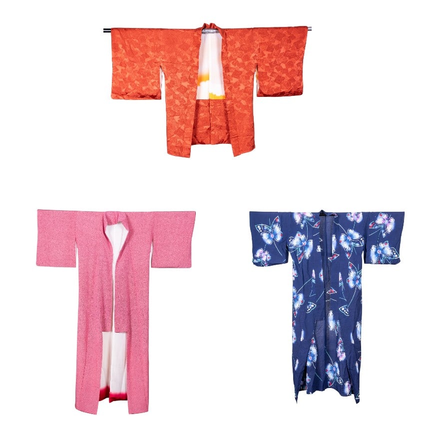 Japanese Kimonos - Yukata, Same Komon, Iromuji: A collection of Japanese kimono including a dark blue cotton yukata with butterfly and flower motif, sleeve measure approx. 52" W, approx. 62" L, a red and white same komon (shark skin) pattern silk k