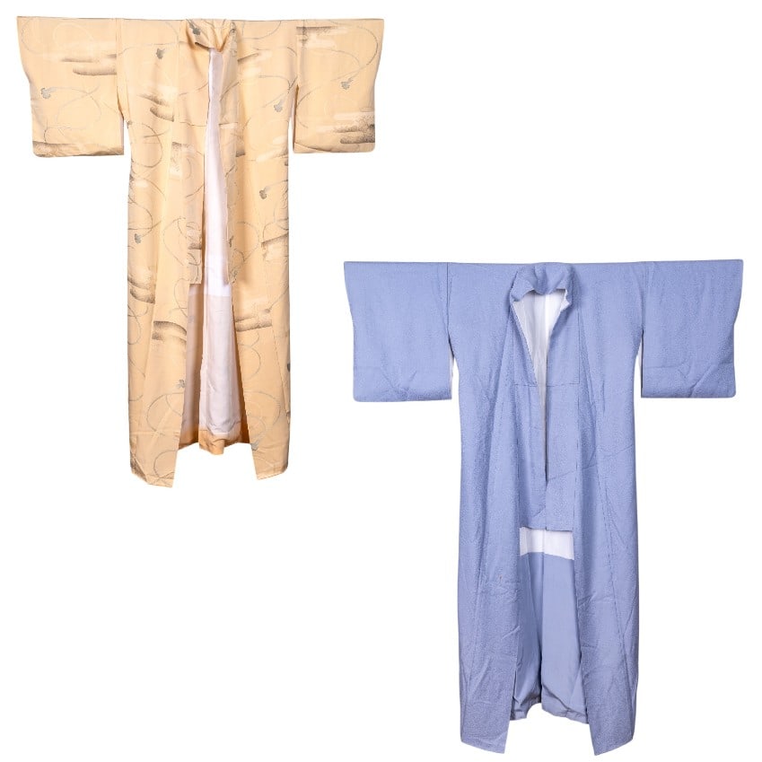 Japanese Silk Iromuji & Kumihimo Kimono: A muted pale blue iromuji silk kimono featuring a tiny flower motif, sleeves measure approx. 54" W end to end, approx. 62" L, and a pale yellow silk embroidered kimono featuring a kumihimo design, sle
