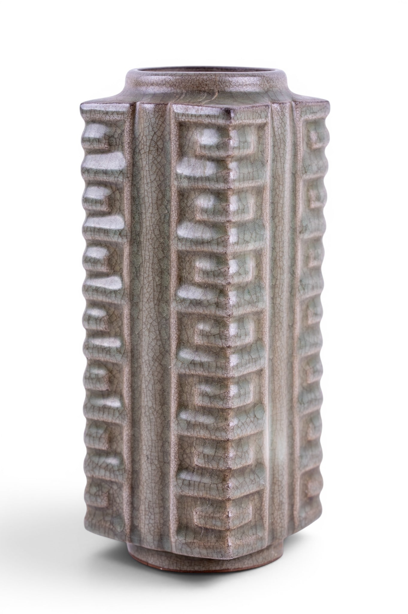Chinese Celadon Cong Vase: Chinese cong vase with dark celadon crackle glaze. Underside bears an impressed seal mark. Measures approx. 9" H x 3.25" Square.