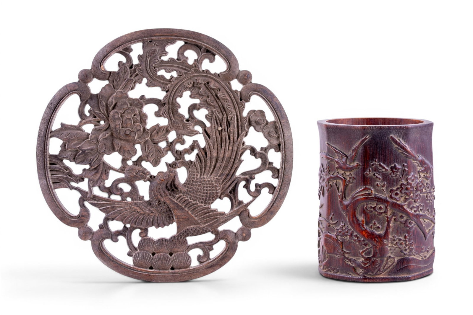 Chinese Phoenix and Peony Wall Plaque, Brush Pot: Lot comprising a Chinese circular wooden wall plaque with pierced detailing depicting a phoenix amidst peony blossoms, along with a Chinese bamboo brush pot featuring carved scenes of birds perched on