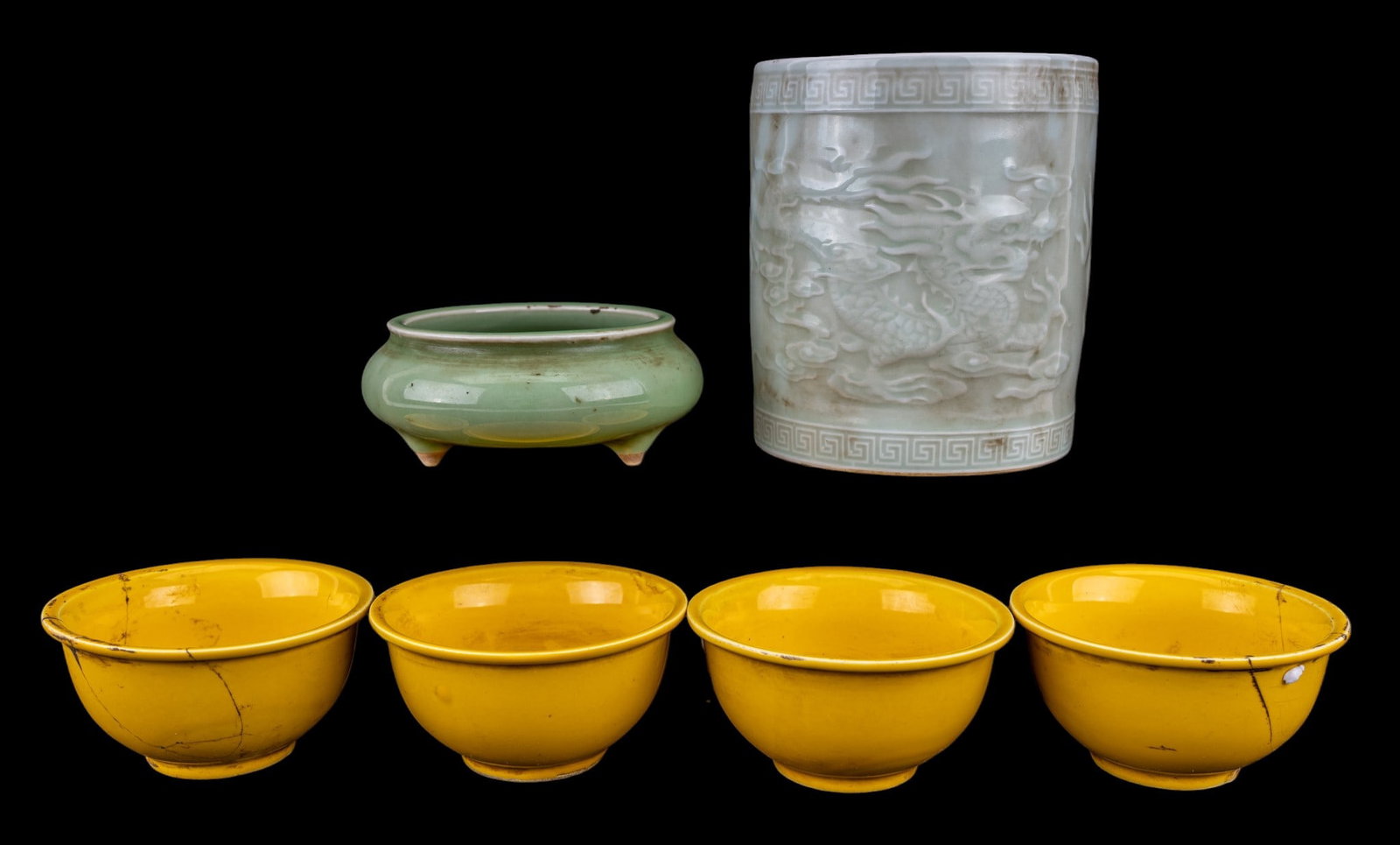 Chinese Celadon Brush Pot, Censer, Bowls (1 of 16)