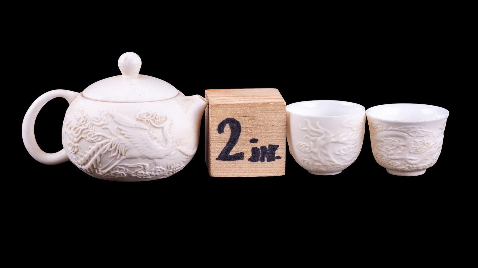 Chinese Bisque Teapot and 4 Teacups - 9