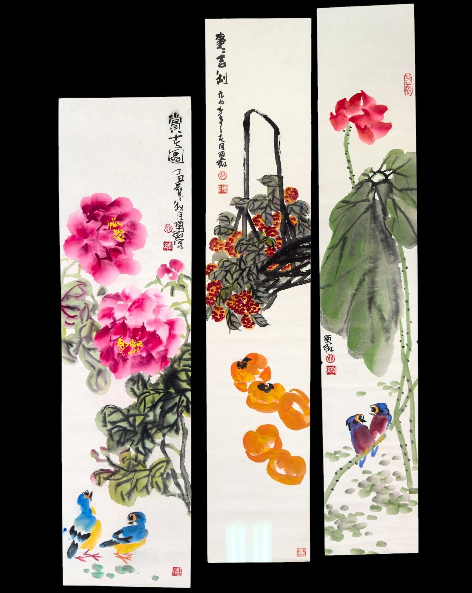 3 Deng YongHong Watercolor / Ink Paintings: Collection of Chinese watercolor and ink paintings on paper depicting peonies, birds, lotus, blossoms, fruits & more. Three paintings are signed with calligraphic inscriptions and red artists seals - 
