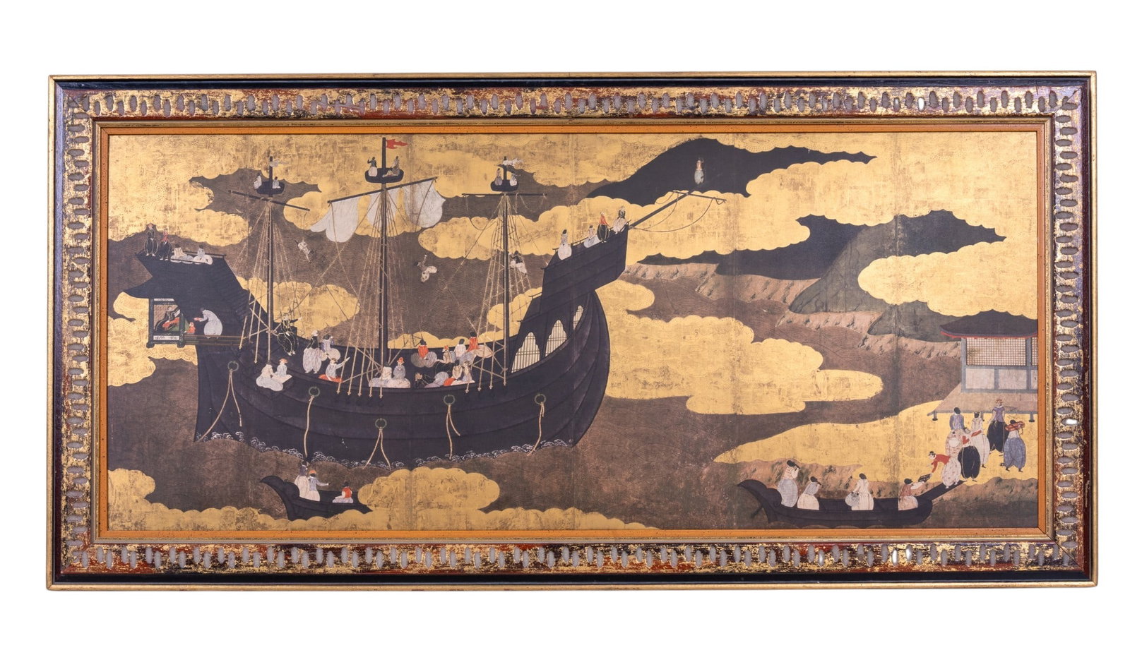 Framed Japanese Nanba Trade Screen Print: Framed reproduction print depicting a Japanese Nanban trade scene, showing a Portuguese ship arriving in a Japanese harbor with merchants, sailors, and local figures gathered along the shoreline. Meas