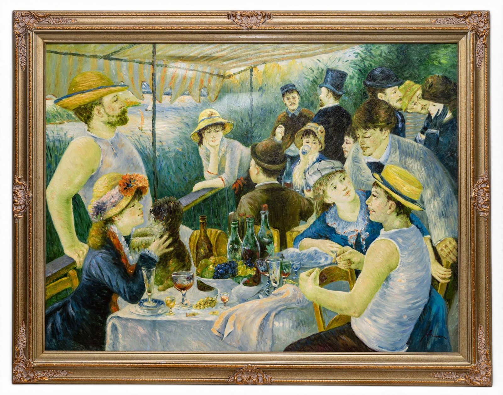 O/c Artist Rendition of Boating Party, Renoir: Large scale oil on canvas artist's rendition of "Boating Party" by Pierre-Auguste Renoir. Appears to be a hand-painted reproduction or an embellished print. Slight indentation to canvas from back, how