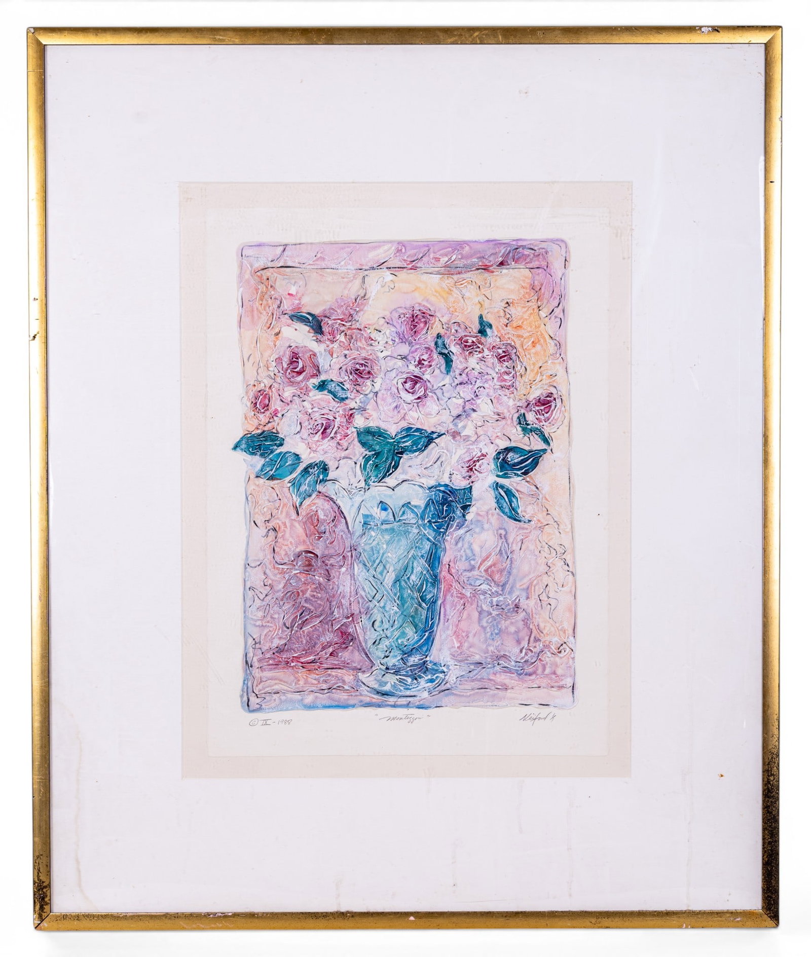 Meiford Signed Floral Still Life Painting: Impasto-style textured acrylic depicting a bouquet of pink roses in blue cut-glass vase, signed lower right "Meiford", titled "Montigonni" or similar, dated IX-1988 lower left. Housed and matted in me