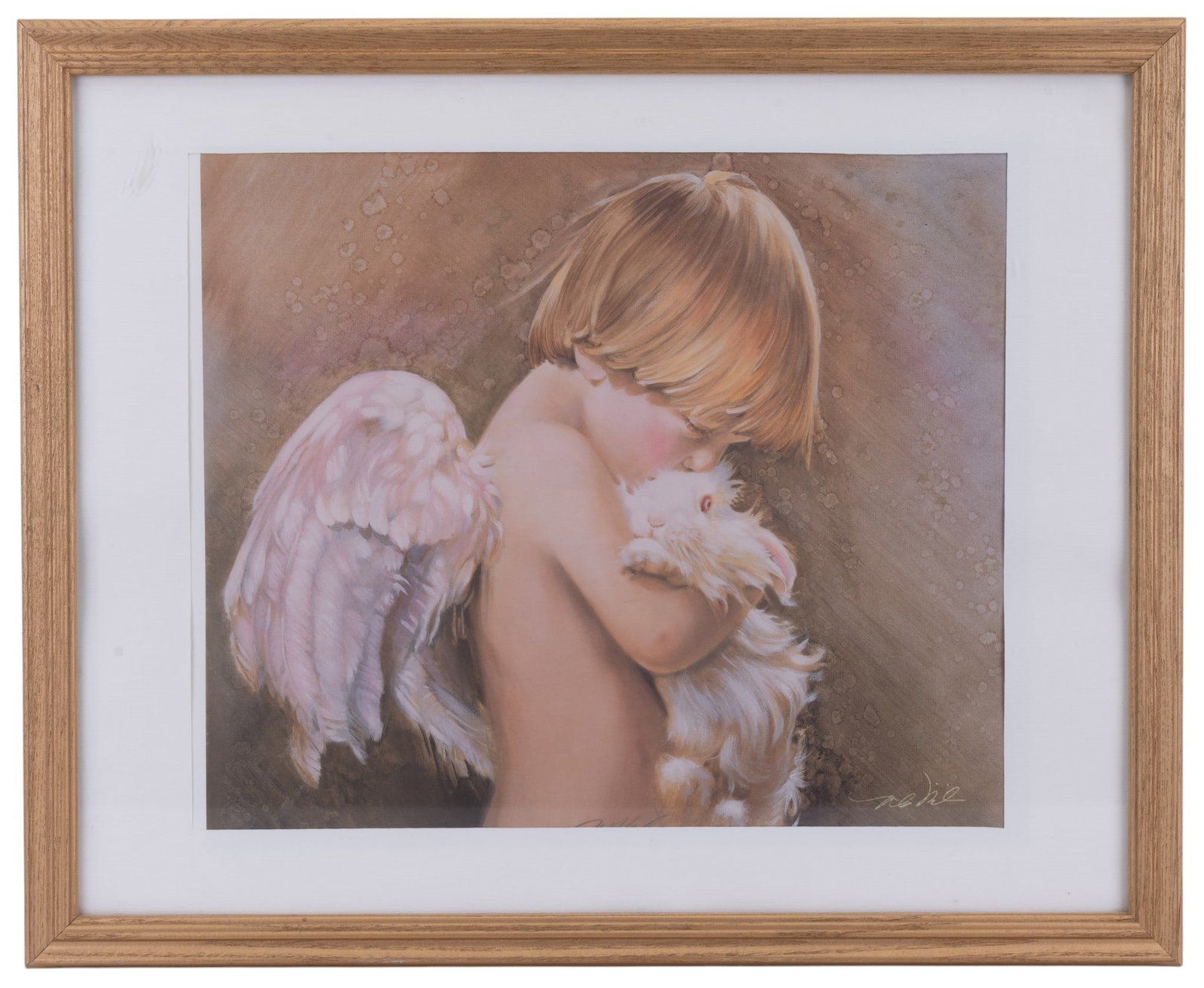 N. A. Noel Angel Child Print: Print depicting a young angel embracing a white rabbit, signed in the image lower right N. A. Noel. Measures approx. 21.75" W x 17.75" H OD.