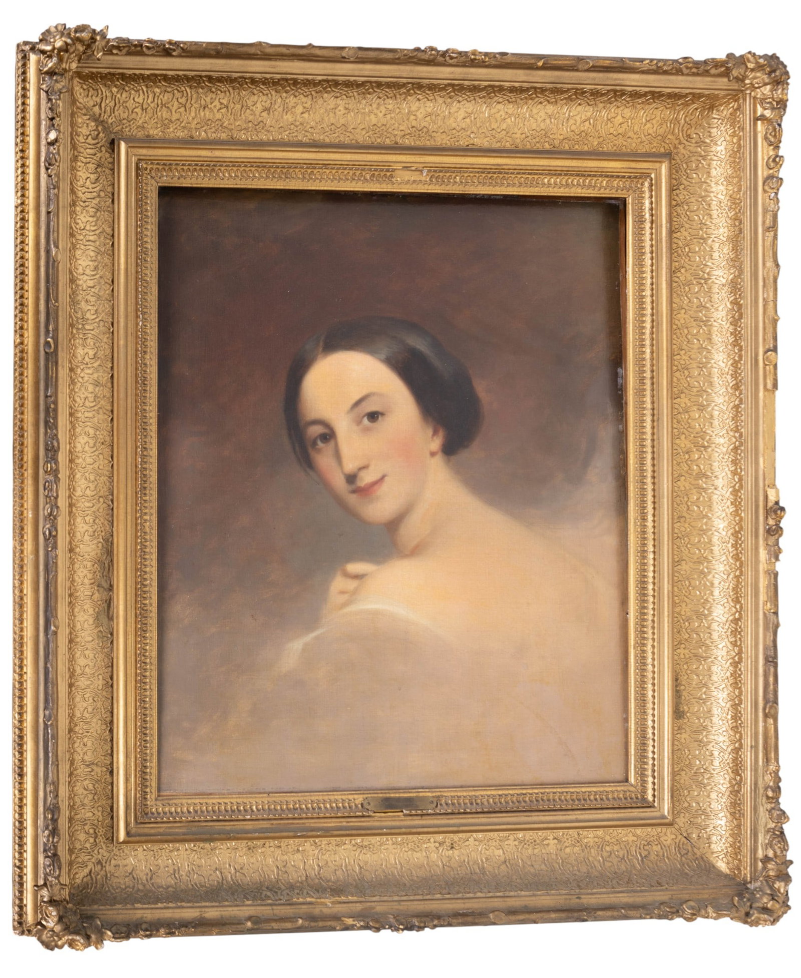 Portrait of Woman attr Thomas Sully (1783-1872): Oil on masonite attributed to Thomas Sully (1783-1872), portrait depicts a young woman with dark hair and white gown, turned in three-quarter view against a dark background. Housed in ornate giltwood 