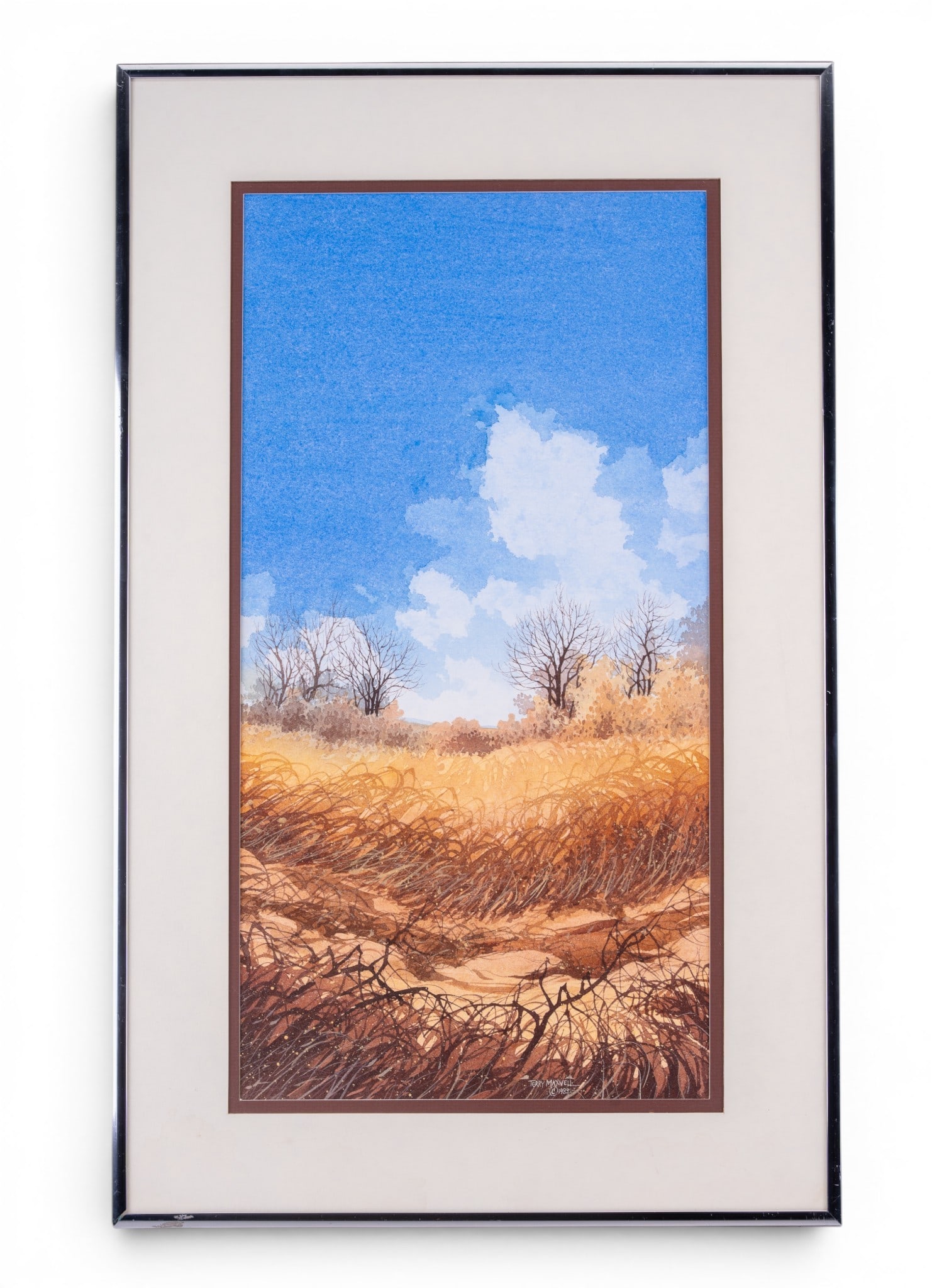 Terry Maxwell 1983 "Golden Landscape" W/C: Framed and matted "Golden Landscape" Watercolor from Kansas Artist Terry Maxwell. His works have been shown at Beach Museum of Art & Hadley Art Collection per note on back. Watercolor is marked Terry 
