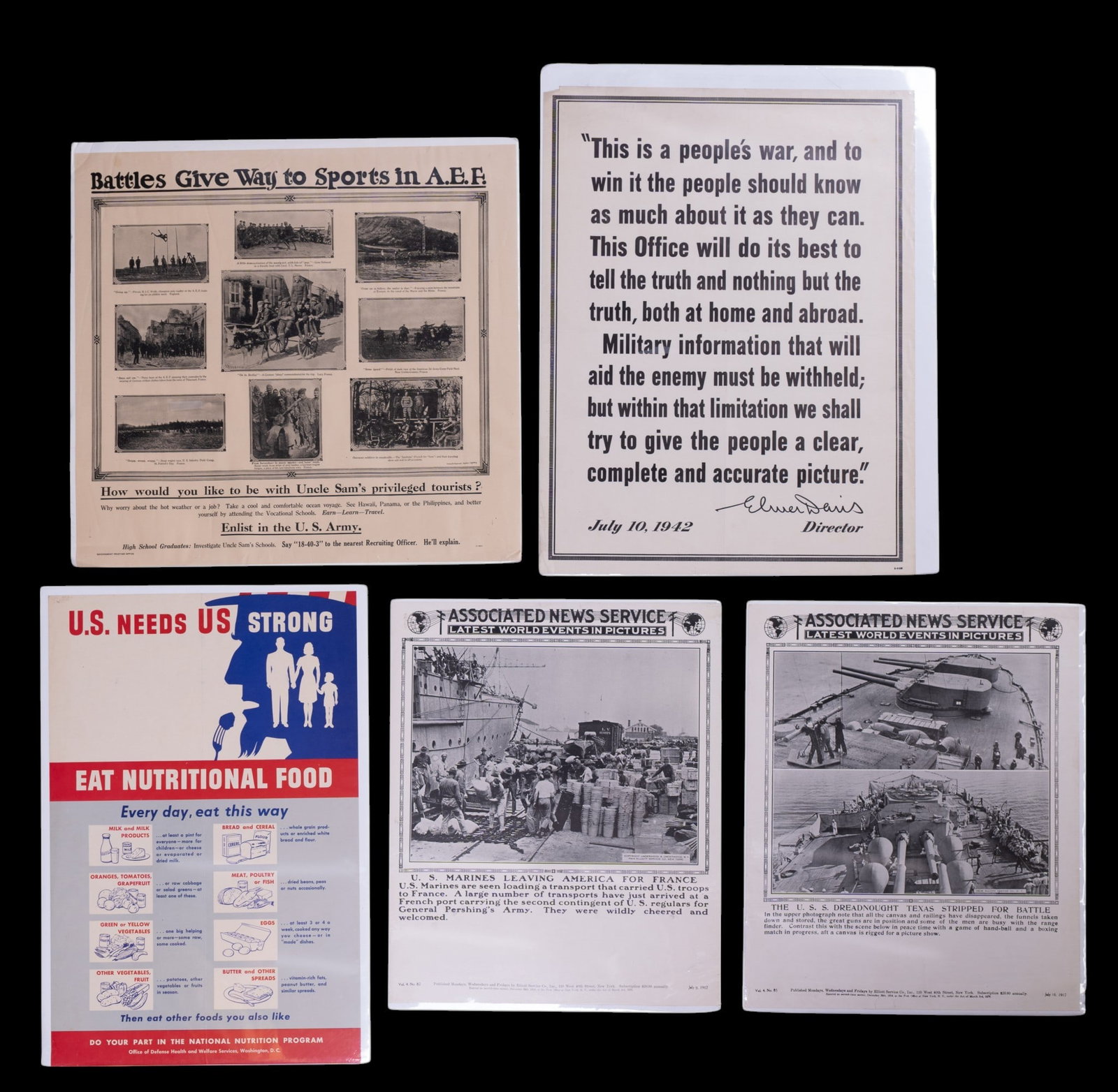 Period U.S. Wartime / Patriotic Posters: 5 posters with "U.S. needs us strong" approx 20 x 13.25 in, "Battles give way to Sports/ A.E.F" approx 18 x 19 in; Elmer Davis this is a people's war / Office of War information style poster approx.