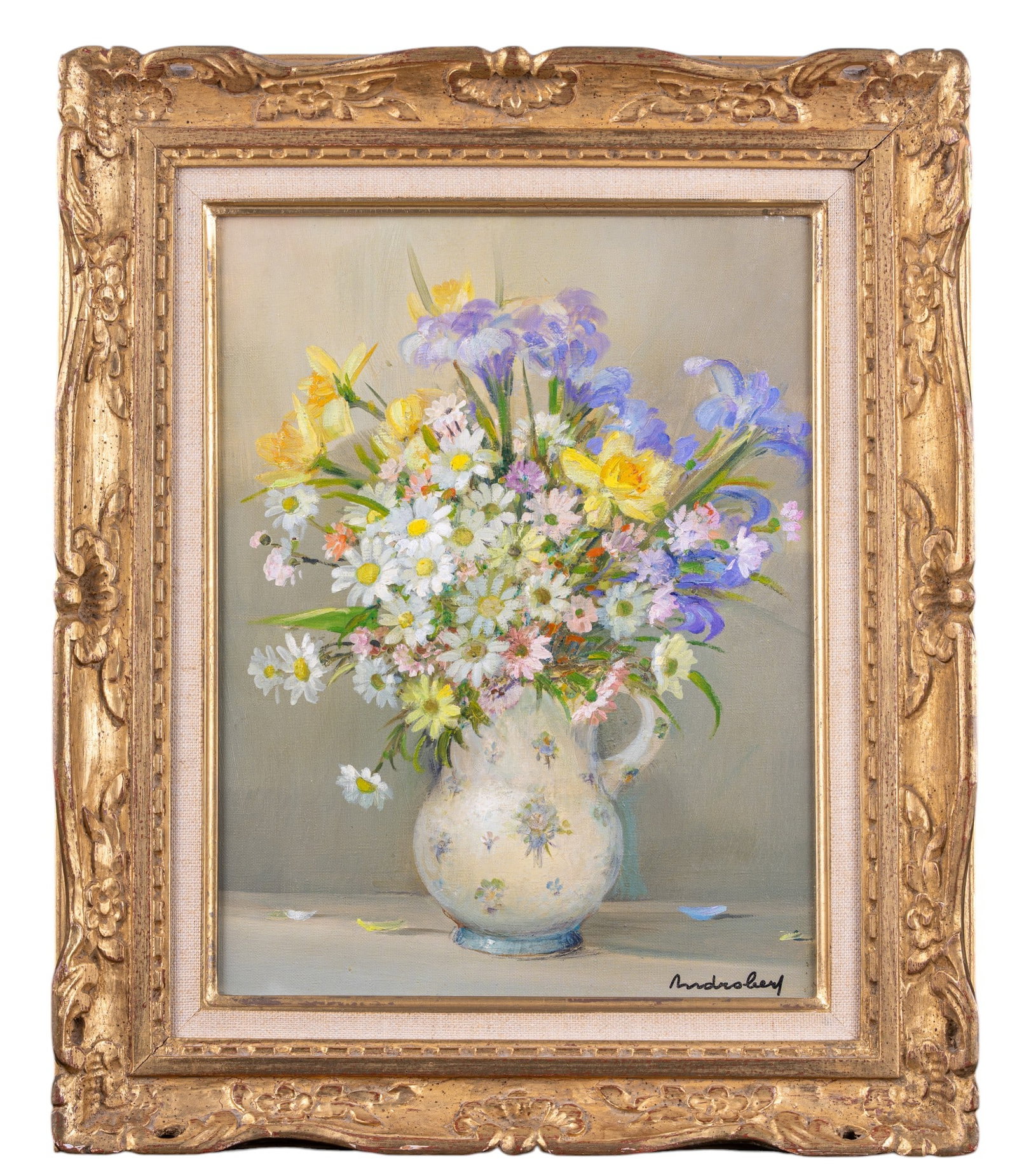 Andre Robert Floral Still Life Oil on Canvas: Original oil on canvas floral still life depicting a colorful bouquet of daisies, irises, and daffodils arranged in a vase. Signed lower right Andre Robert. Housed in ornate gilt frame. Signed label o