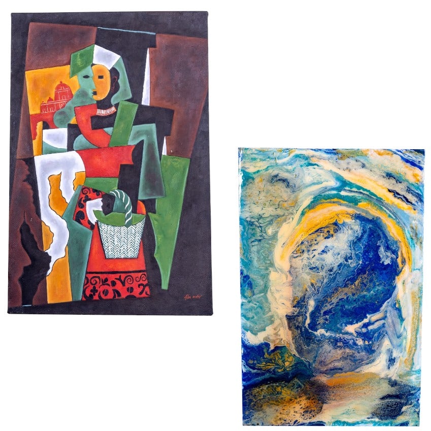 Reproduction Picasso and Abstract Acrylic Art: A reproduction of Pablo Picasso's The Italian Woman, signed by Alex Andov, with bold colors and geometric composition typical of the artist's style and an abstract acrylic drip art on canvas