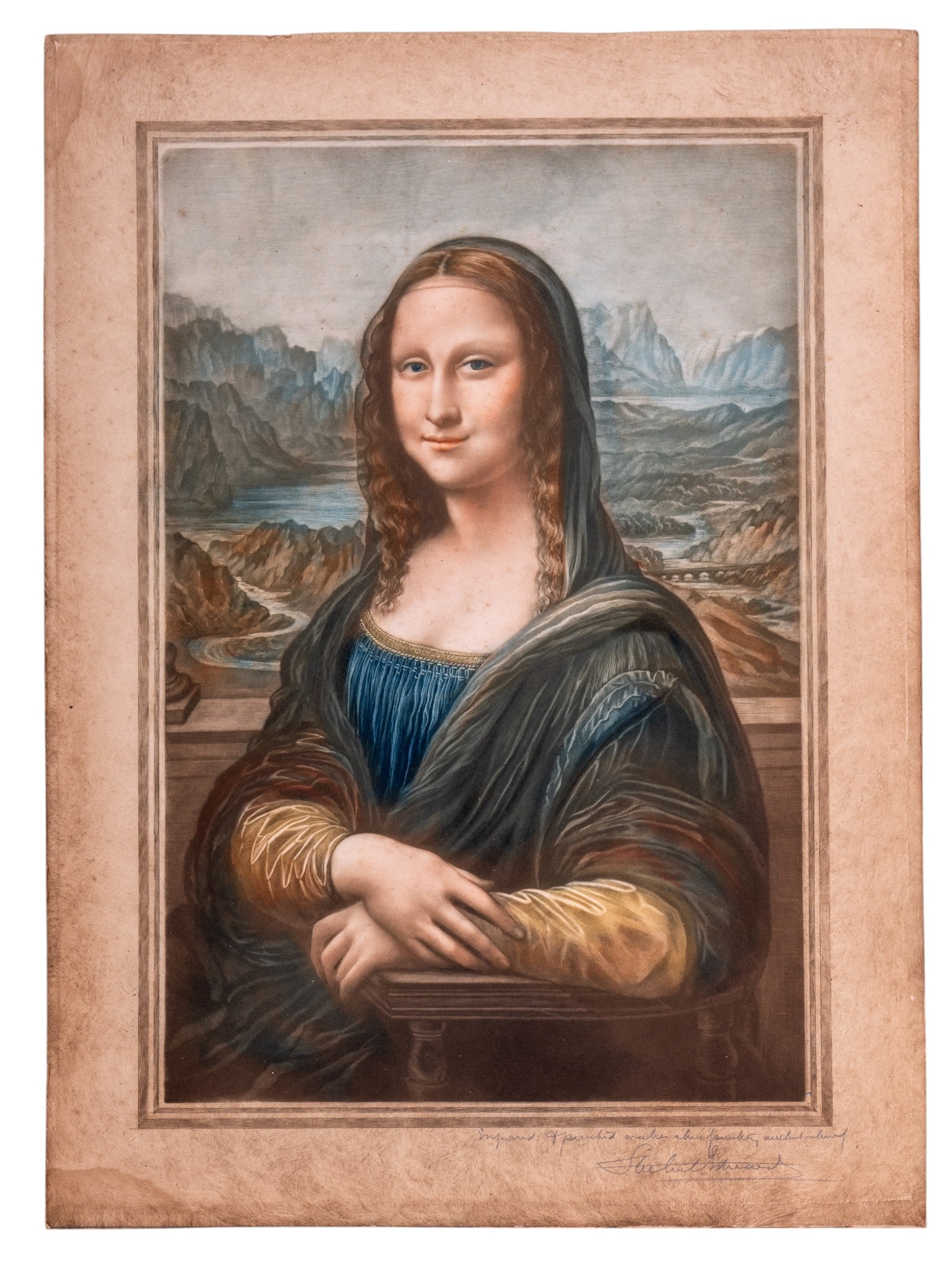 Mezzotint attr. to S. A. Edwards (b. 1862-1938): Mezzotint engraving of the Mona Lisa attr. to Samuel Arlent Edwards (American, 1862?1938), pencil signed in the lower right corner. The piece measures approximately 13.75 inches wide by 19 inches high