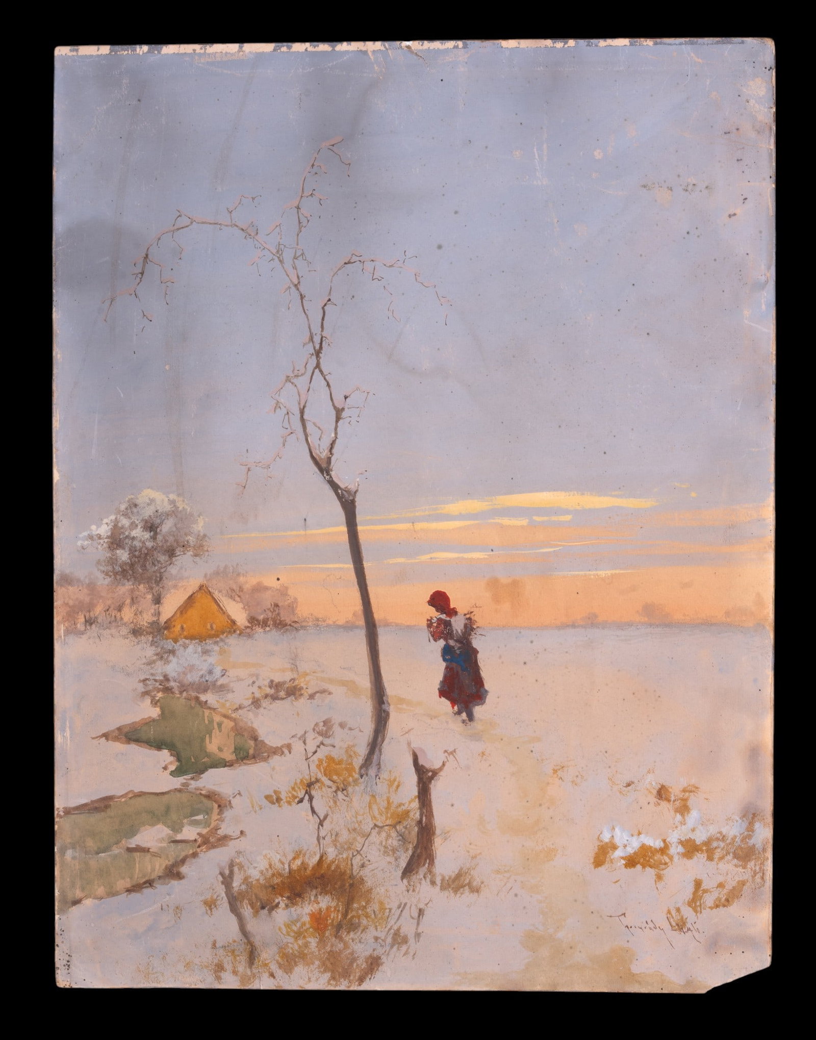 Laslo Neogrady (HGY 1896-1962) Signed W/C: A signed watercolor on paper titled 'Peasant' by Laszlo Neogrady (Hungarian 1896-1962) depicting a peasant girl gathering wood. Measures approx. 13" W x 17" H. Note wear due to age.