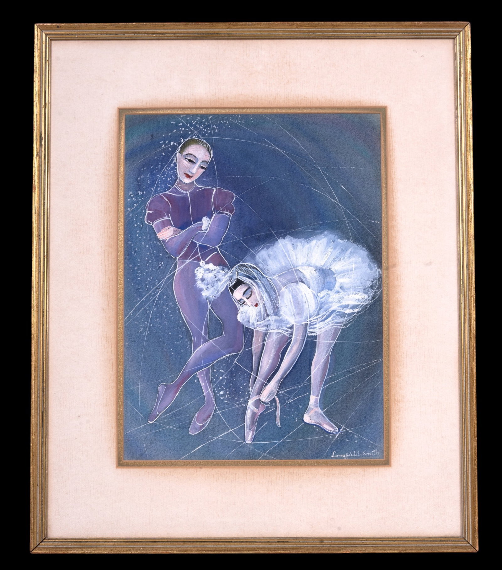 R. Longfield-Smith (1904-94) WC Ballet: A framed watercolor painting from the Dancer Series by Rosamond Longfield-Smith (American 1904-1994) depicting two ballet dancers, measures approx. 18" W x 22" H.