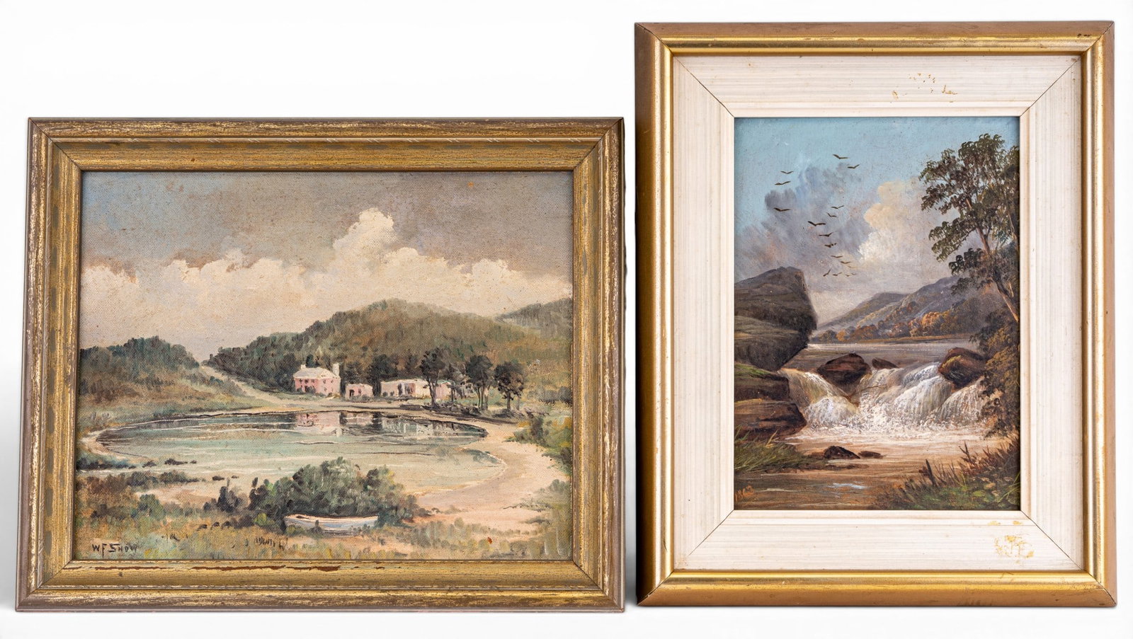 W.F. Snow (Am1869-1932) & Another Oil Painting: A 19th C oil on board landscape depicting a lake and small waterfall, not signed but dated 1863 in the lower left corner, frame measures approx. 9" W x 11" H, and an oil on canvas board depicting a